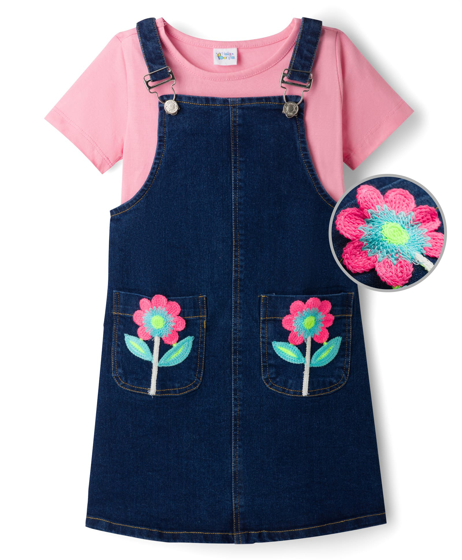 Hola Bonita Cotton Woven Dungaree Dress and Inner Tee with Half Sleeves and Floral Embroidery in Blue for 9-10 Years-image-19