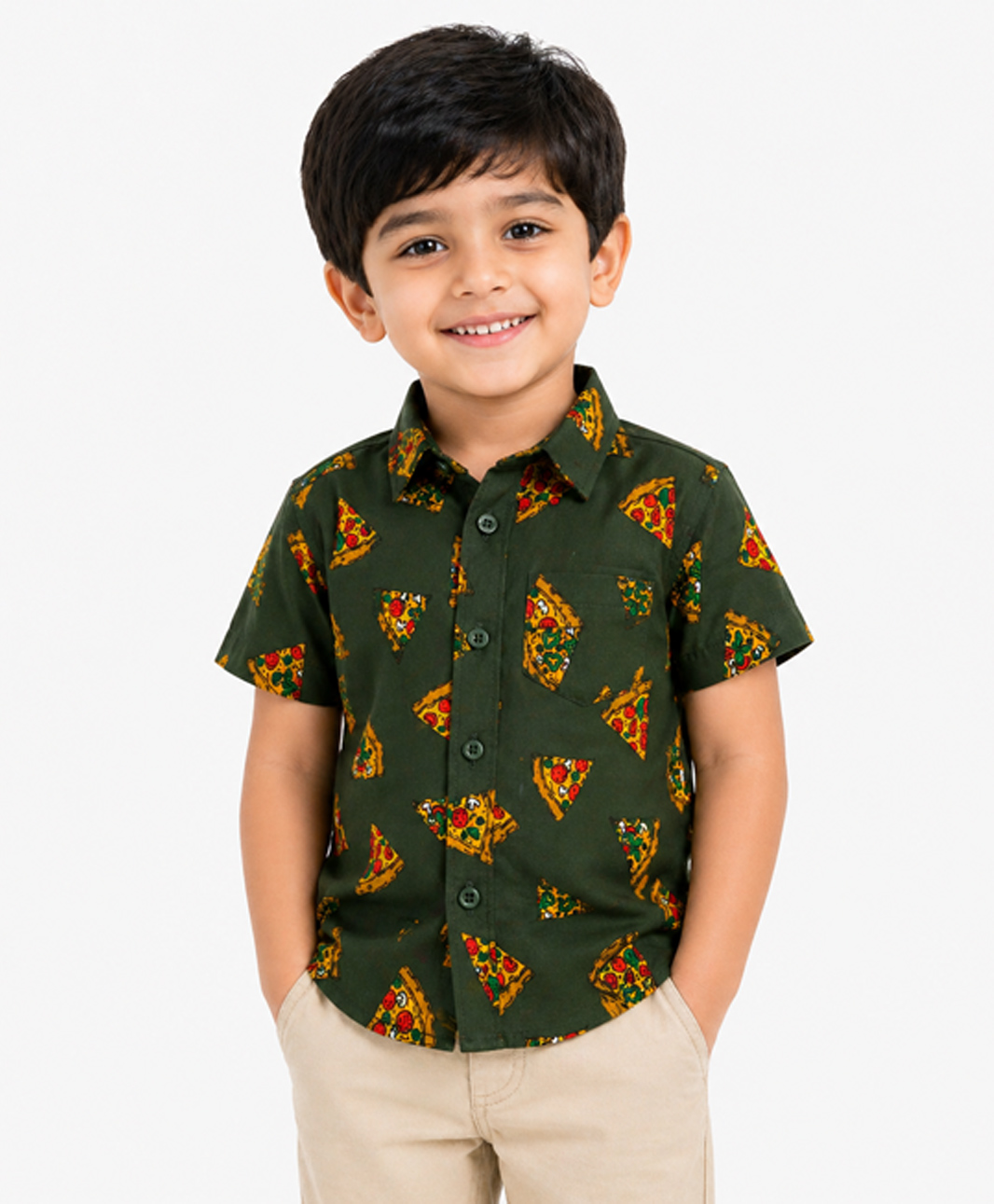 JusCubs Cotton Woven Half Sleeves Pizza Printed Shirt - Olive Green-picture-36