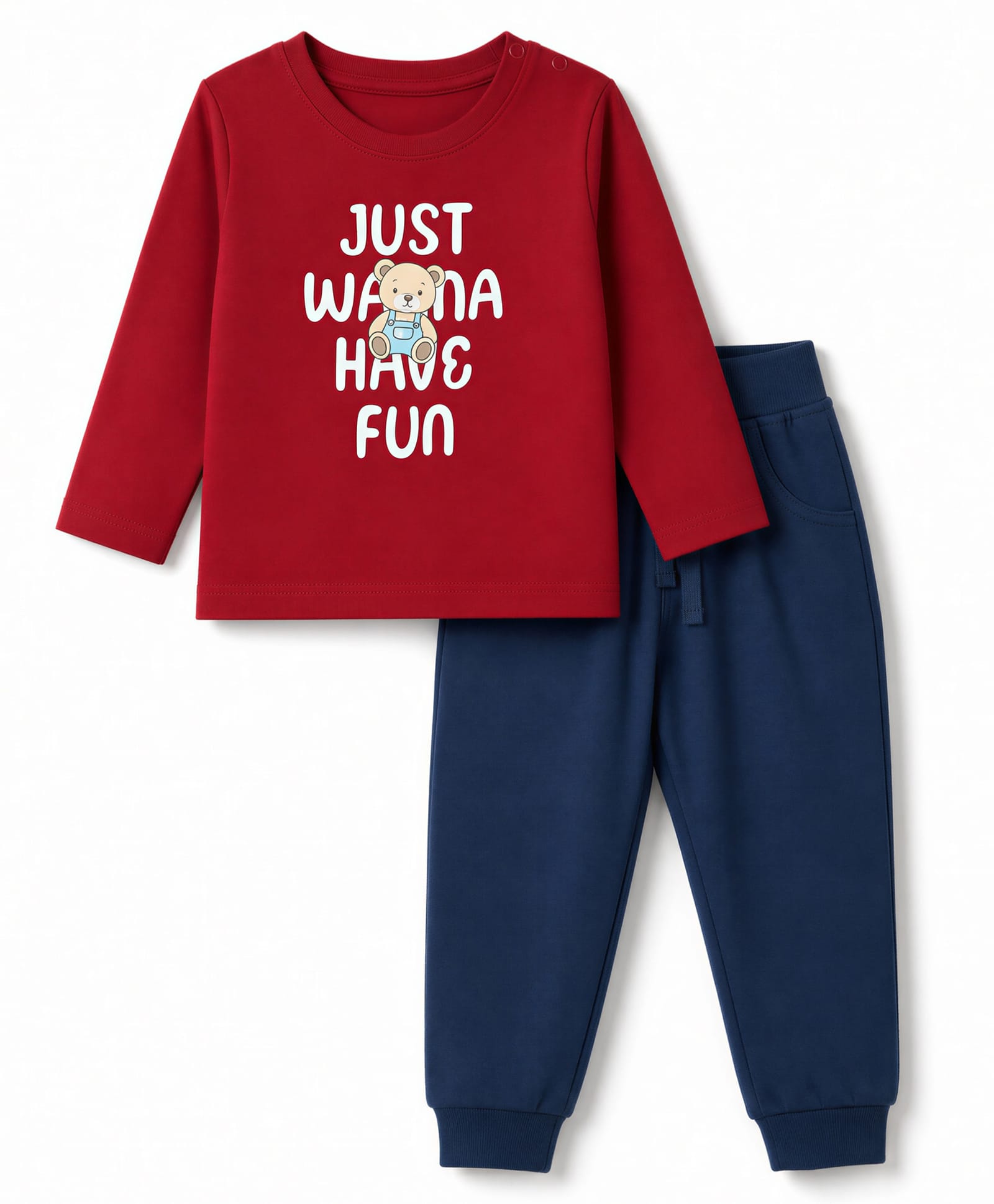 Doodle Poodle 100% Cotton Single Jersey Knit Full Sleeves Bear & Text Printed T-Shirt & Lounge Pant Set - Dark Red & Navy Blue-picture-3