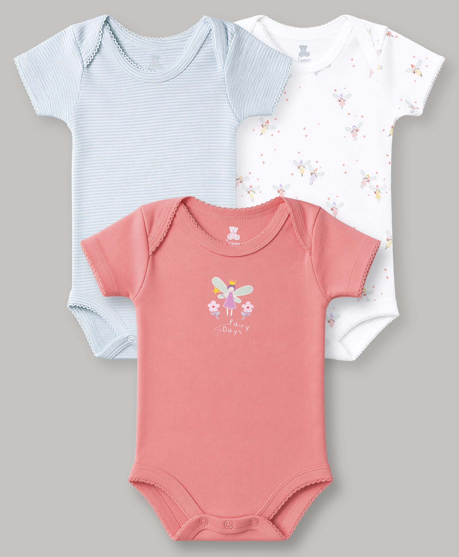 I Bears Interlock Knit Half Sleeves Onesies With Fairy Daisy Print Pack Of 3 - White, Grey & Pink-image-25