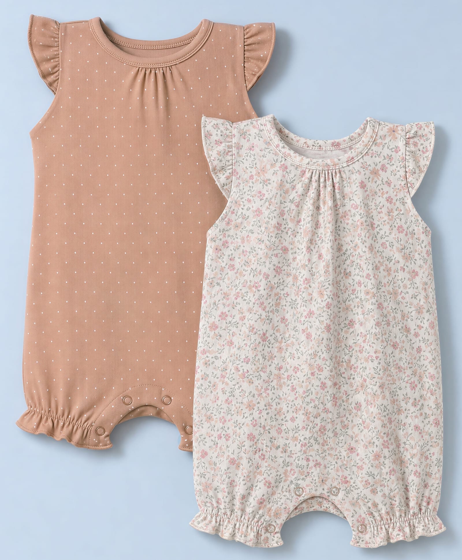 I Bears Interlock Knit Half Sleeves Rompers With Floral & Polka Dots Print Pack Of 2 - Brown & Beige-image-14