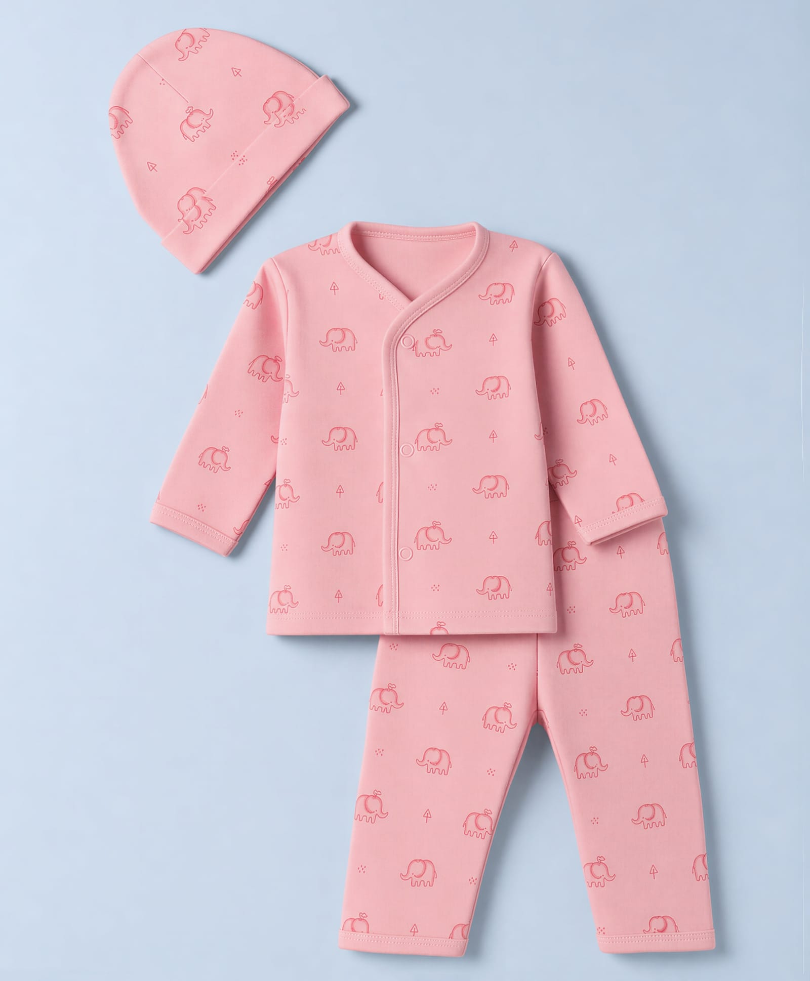I Bears Knitted Full Sleeves T-Shirt & Pyjama Co-ords Night Suit With Elephant Print & Cap - Dark Pink-picture-23