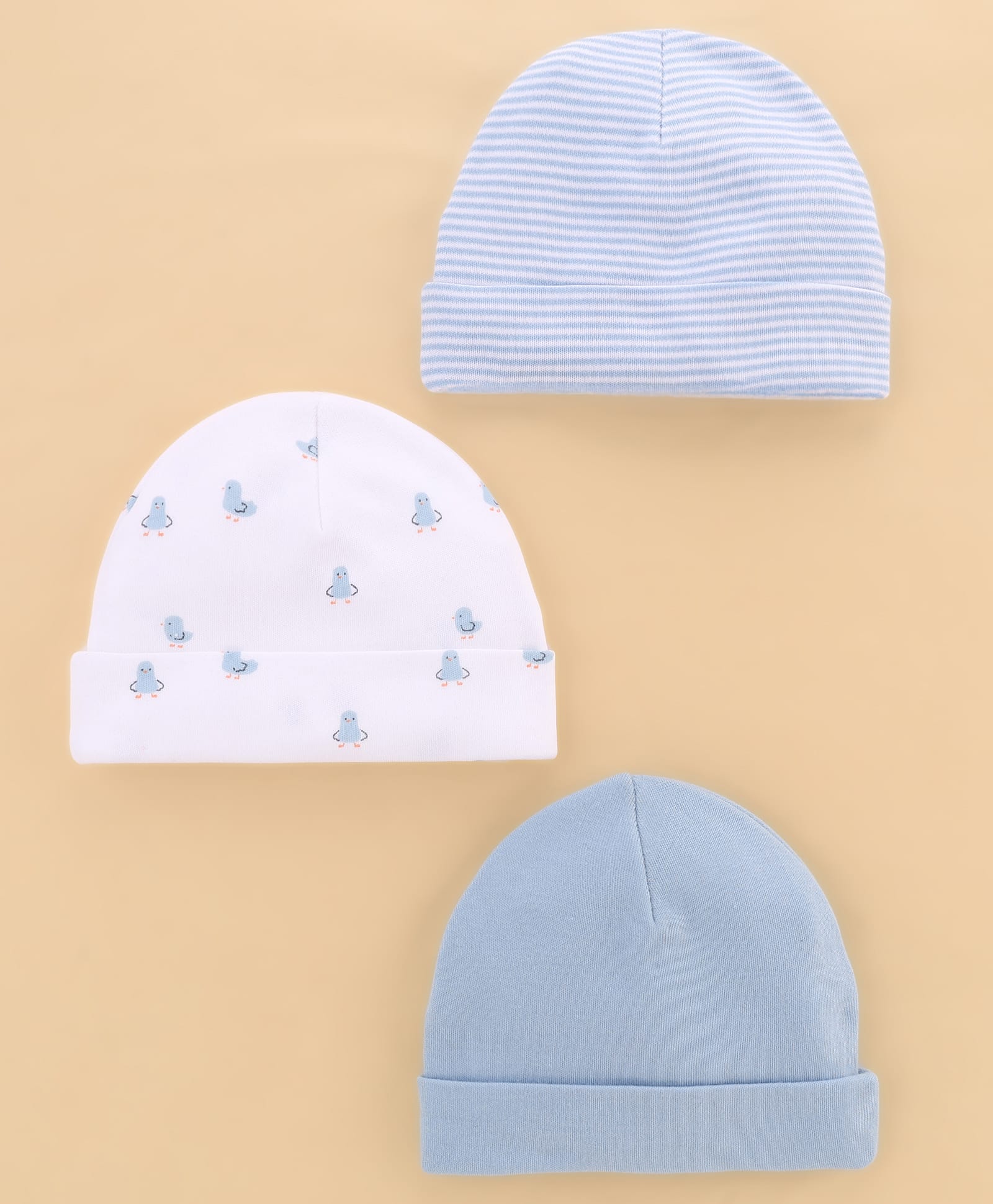 I Bears Interlock Knit Striped Caps With Bird Print Pack of 3 Pink & Light Blue - Diameter 17 cm-image-36