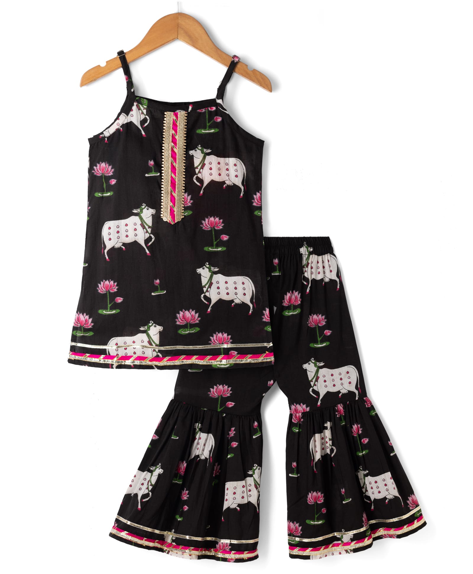 Saka Design Cotton Woven Sleeveless Kurta & Gharara Set With Lotus & Cow Print - Black-image-6