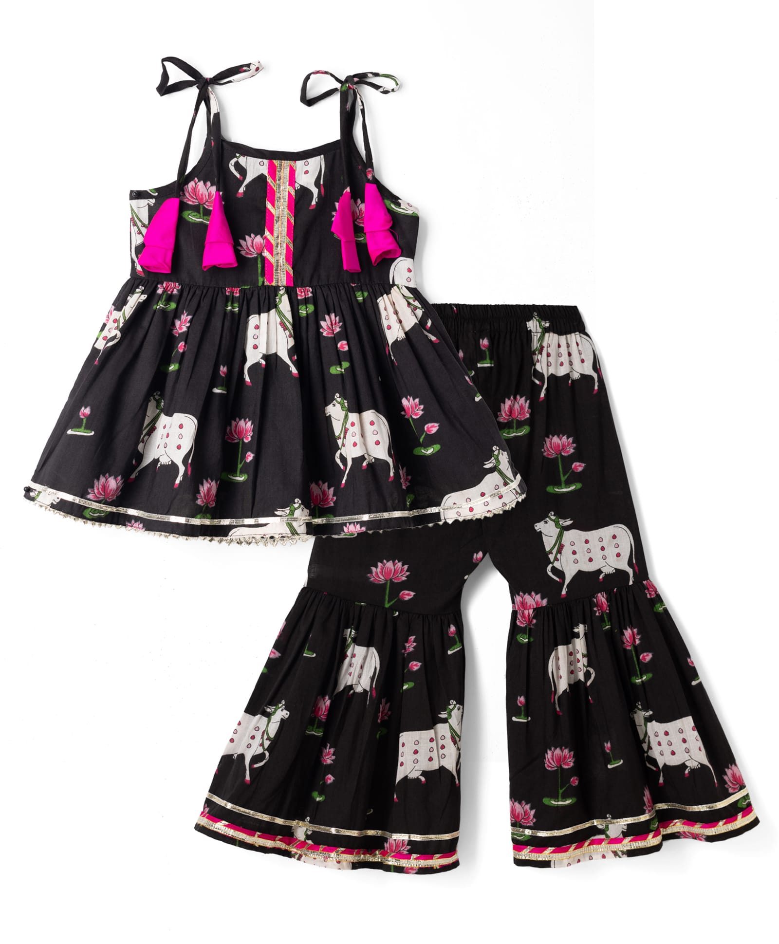 Saka Design Cotton Woven Sleeveless Lace Detailing Kurta & Gharara Set With Lotus & Cow Print - Black-image-7