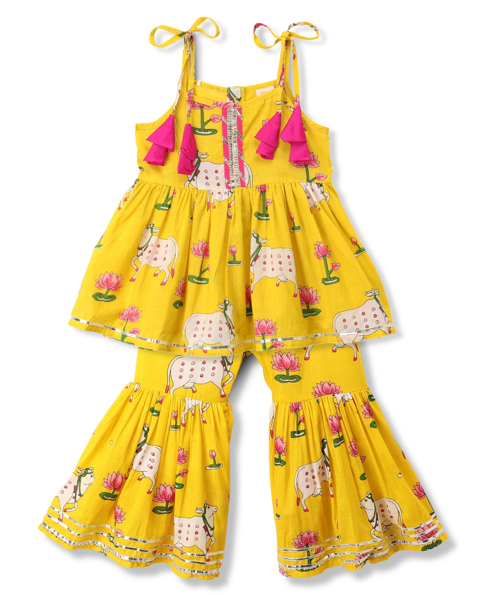 Saka Design Cotton Woven Sleeveless Lace Detailing Kurta & Gharara Set With Lotus & Cow Print - Yellow-image-30