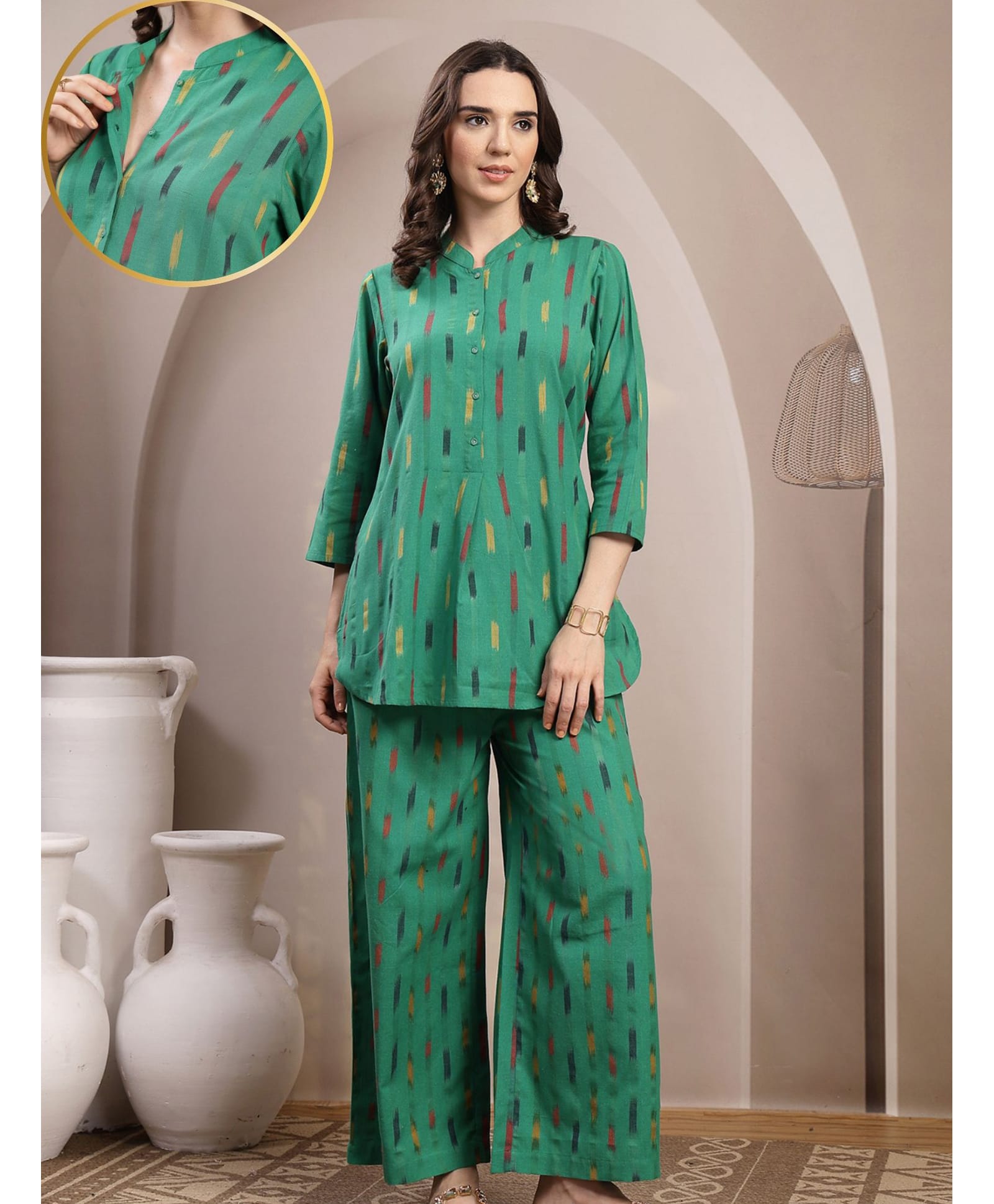 Zelena Cotton Knit Three Fourth Sleeves Ikat Printed Coordinating Maternity Kurti With Front Open Nursing Access & Pant Set - Green-picture-16