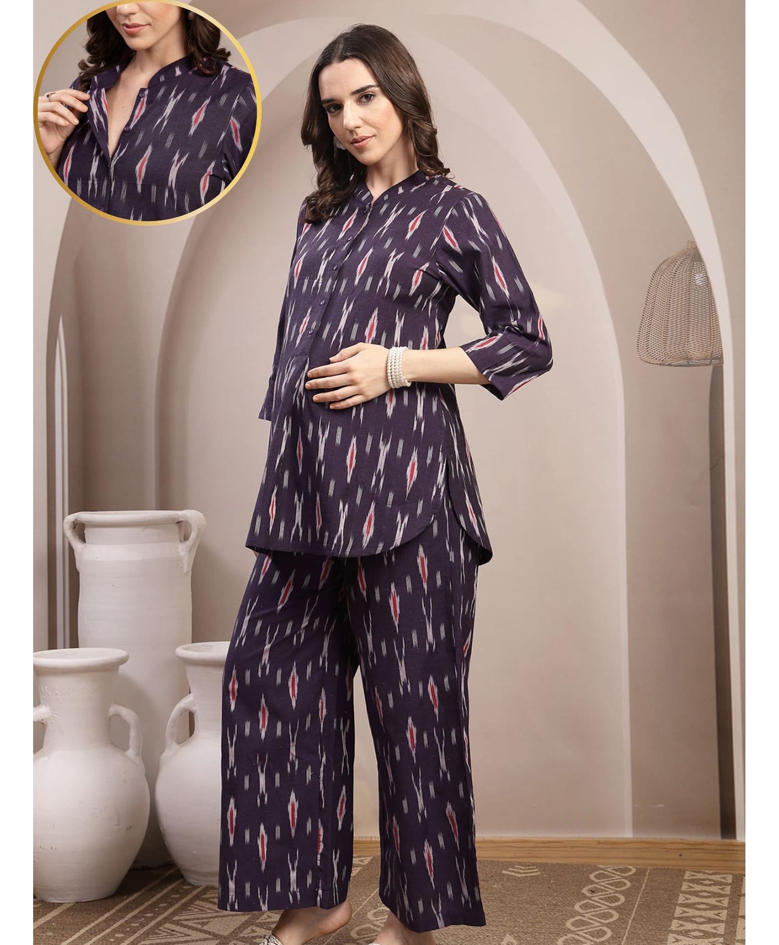 Zelena 100% Cotton Knit Three Fourth Sleeves Ikat Printed Coordinating Maternity Kurti With Front Open Nursing Access & Pant Set - Dark Purple-image-36