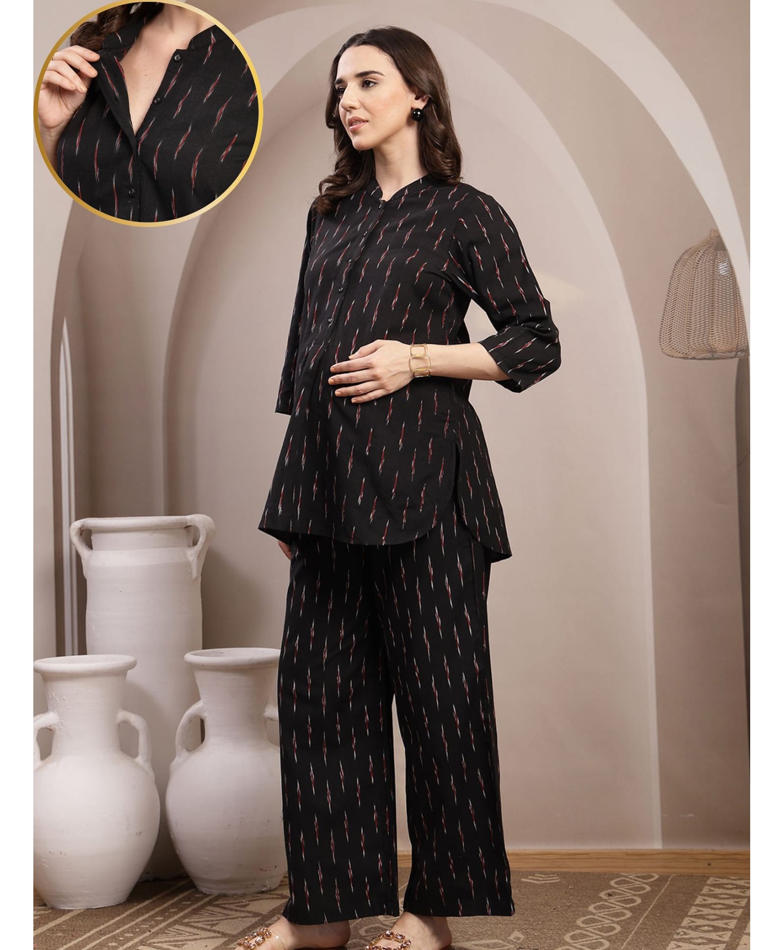Zelena 100% Cotton Knit Three Fourth Sleeves Abstract Printed Coordinating Maternity Kurti With Front Open Nursing Access & Pant Set - Black