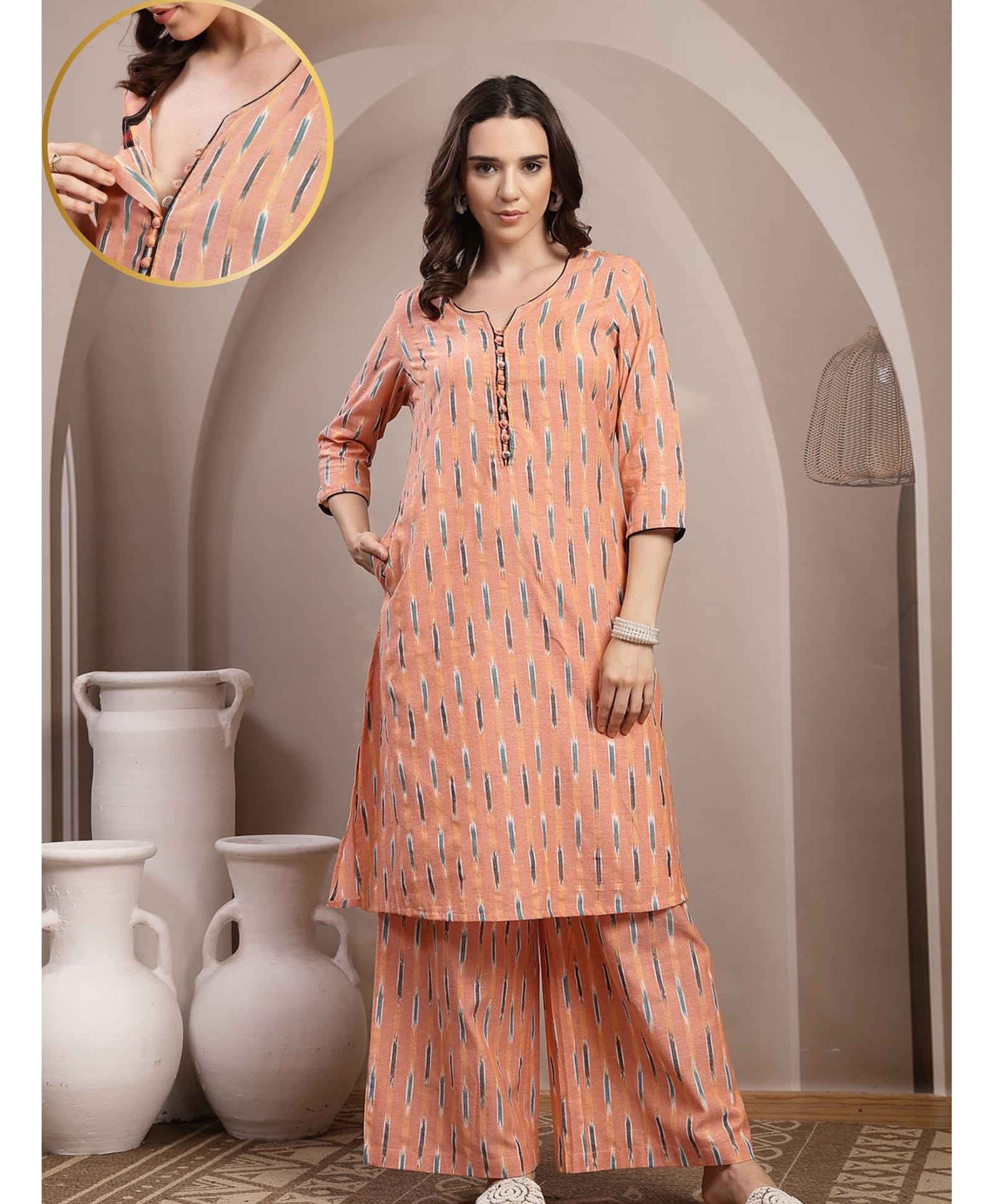 Zelena 100% Cotton Knit Three Fourth Sleeves Abstract Printed Coordinating Maternity Kurti With Front Open Nursing Access & Pant Set - Peach-image-17