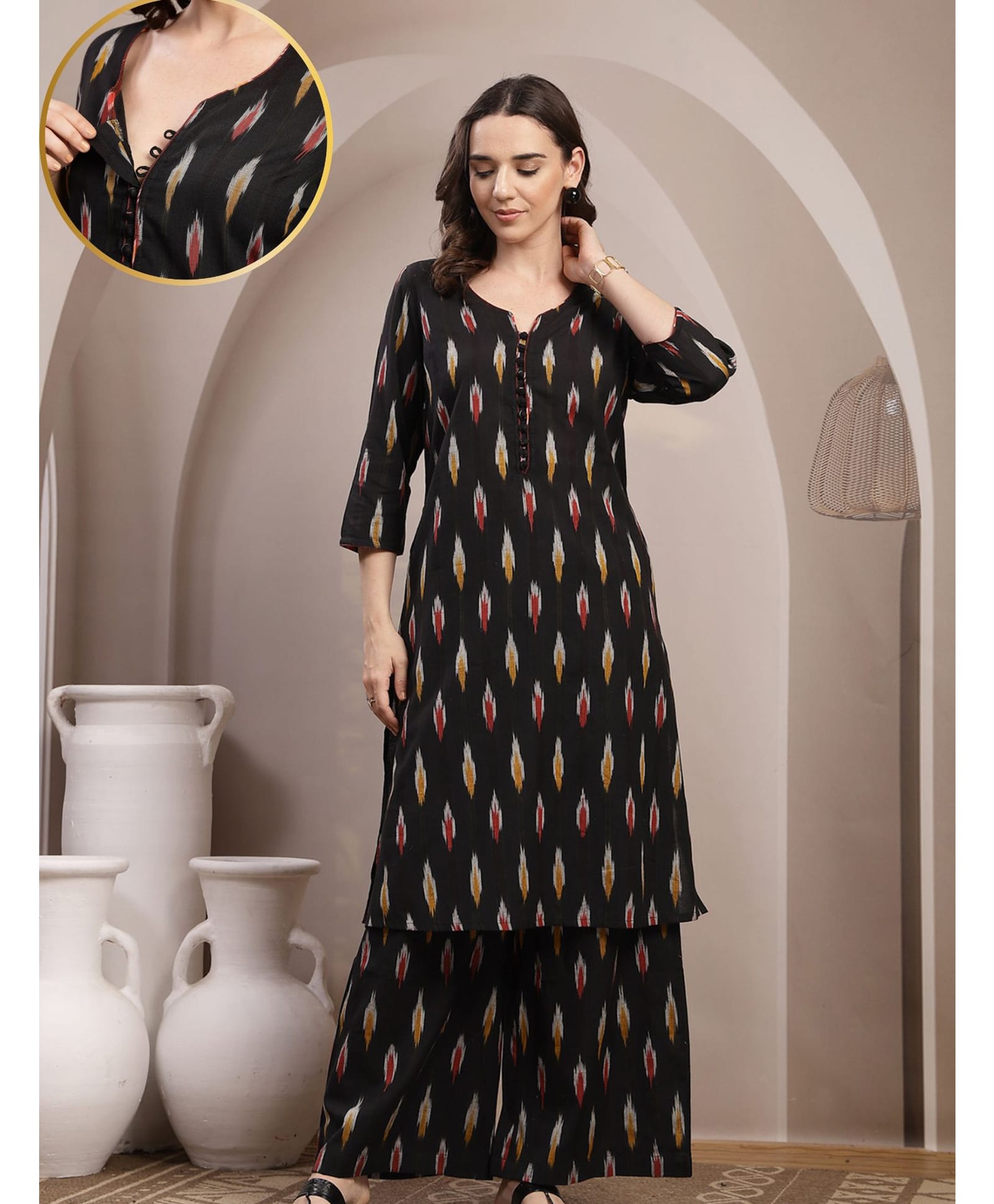 Zelena 100% Cotton Knit Three Fourth Sleeves Abstract Printed Coordinating Maternity Kurti With Front Open Nursing Access & Pant Set - Black-image-43
