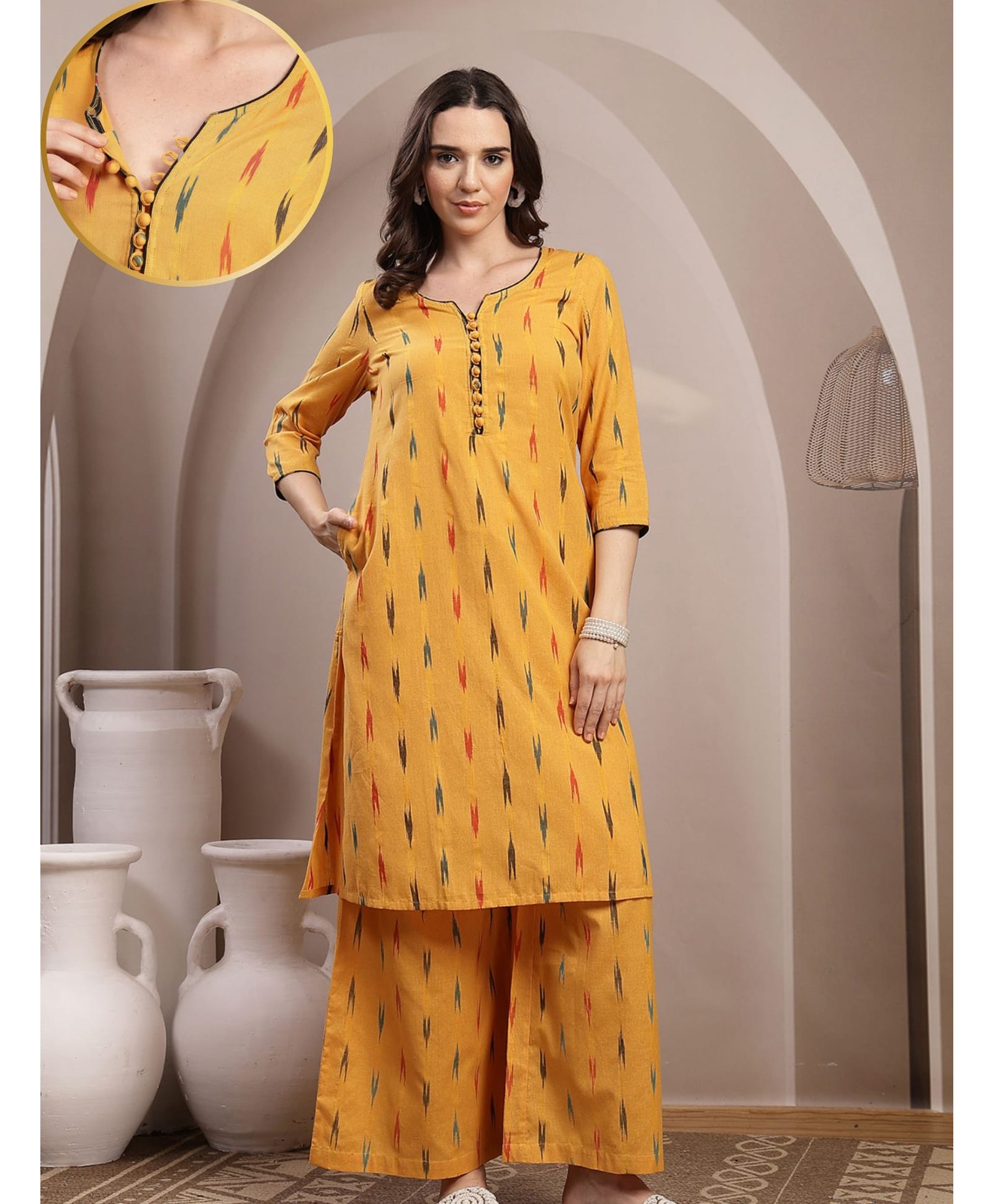 Zelena 100% Cotton Knit Three Fourth Sleeves Abstract Printed Coordinating Maternity Kurti With Front Open Nursing Access & Pant Set - Mustard-picture-21