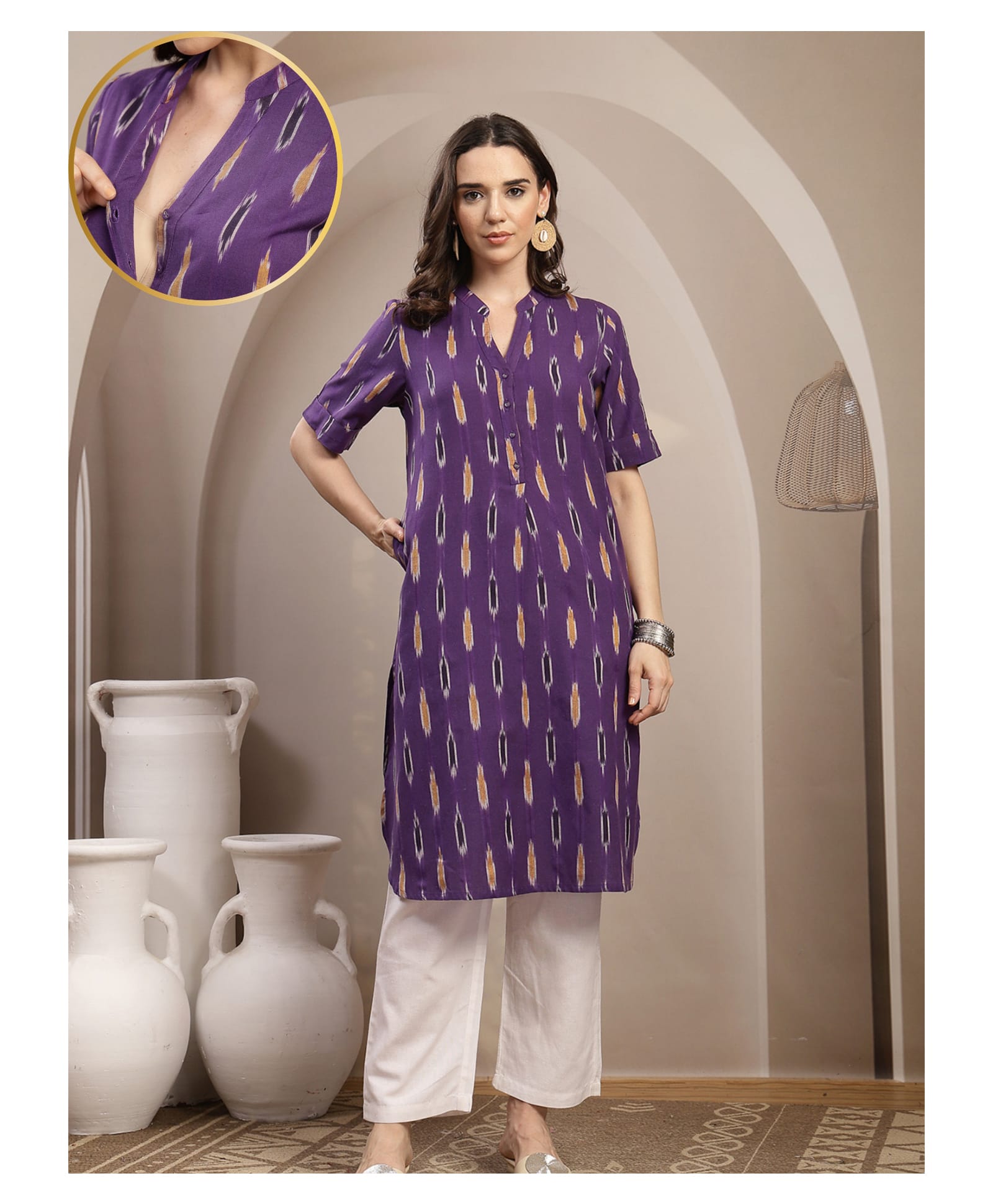 Zelena 100% Cotton Knit Half Sleeves Ikat Printed Maternity Kurti With Front Button Nursing Access - Purple-picture-23