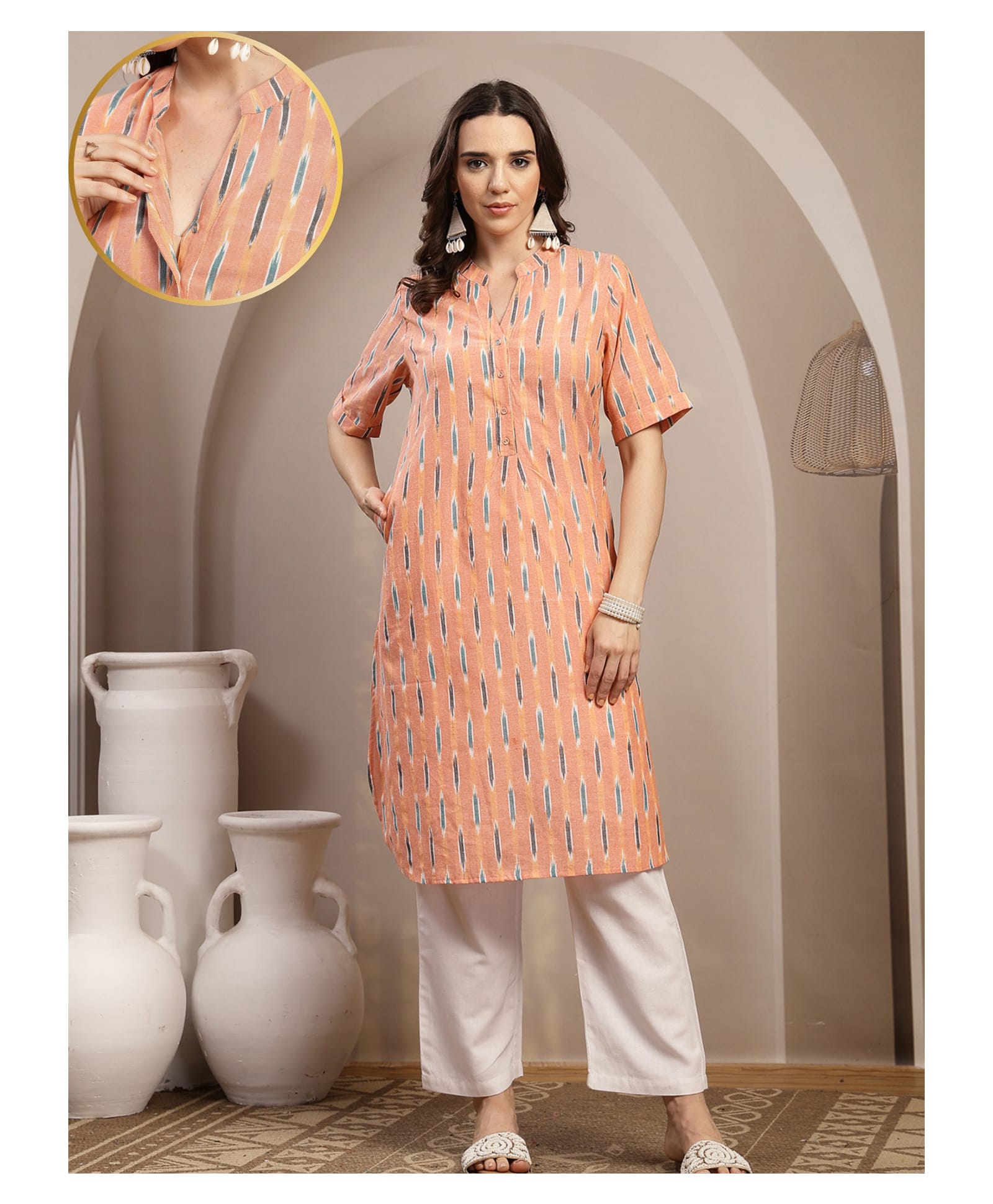Zelena 100% Cotton Knit Half Sleeves Ikat Printed Maternity Kurti Front Button Nursing Access - Peach-picture-22
