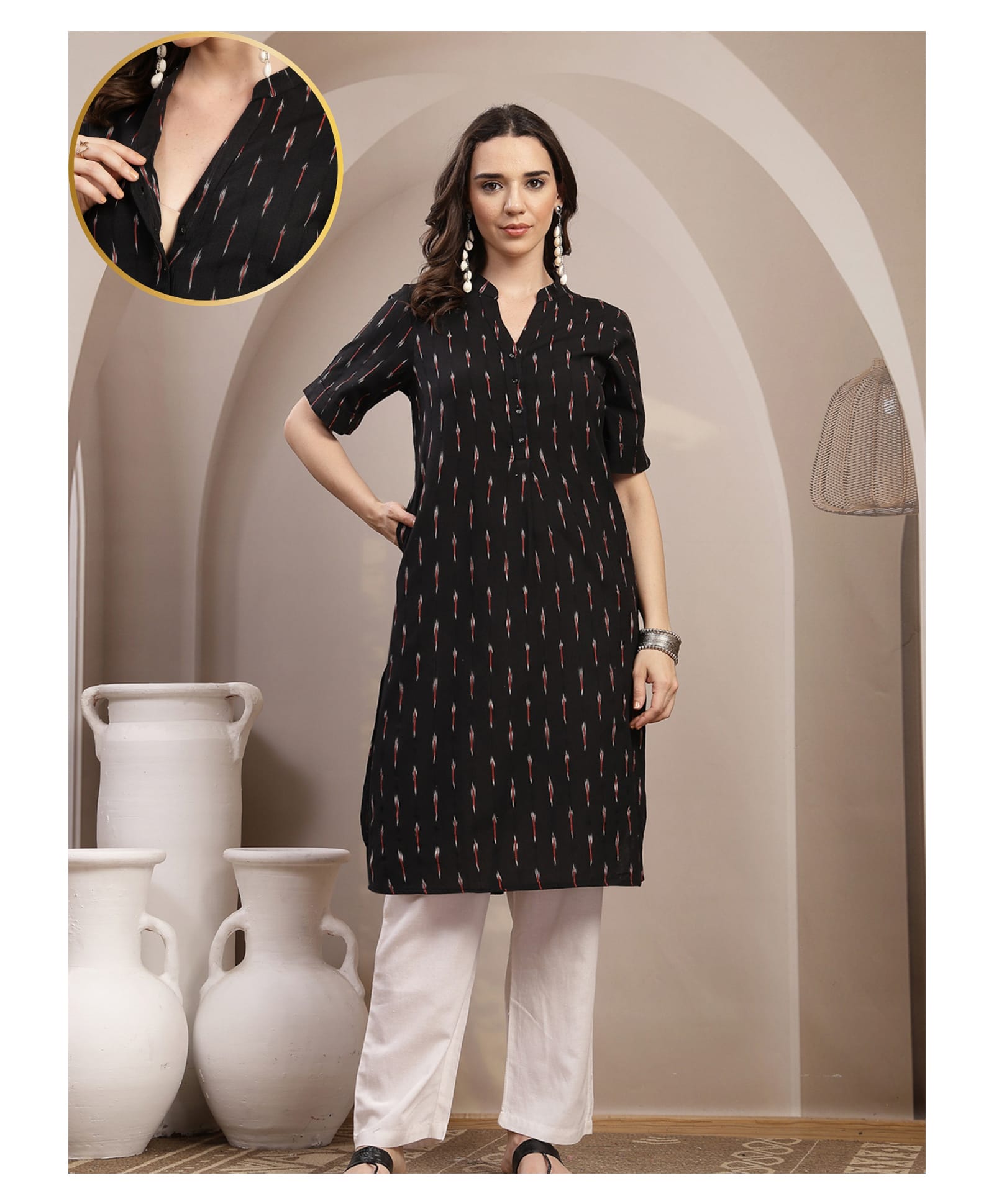 Zelena 100% Cotton Knit Half Sleeves Abstract Printed Maternity Kurti Front Button Nursing Access - Black-image-45