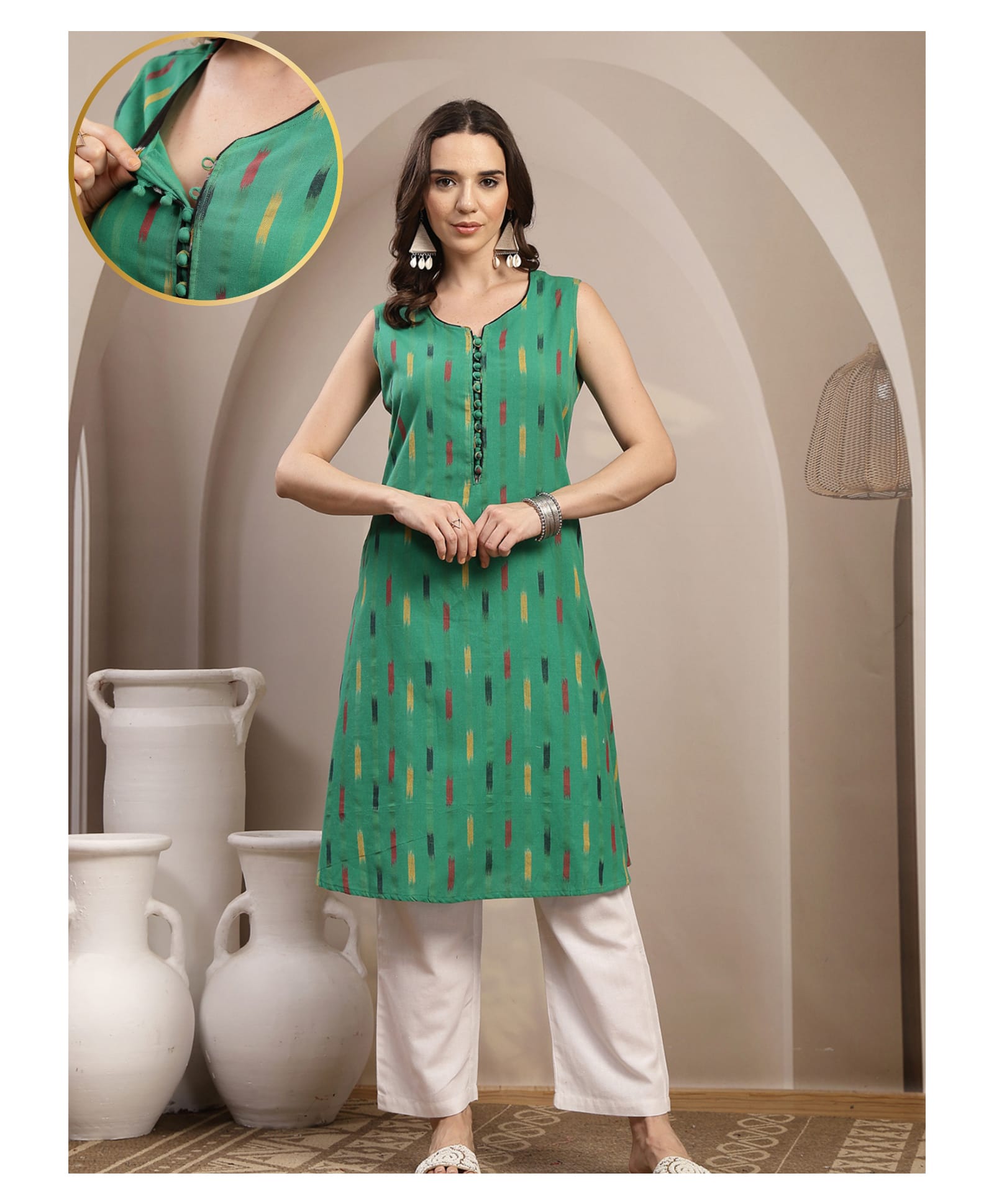 Zelena 100% Cotton Knit Sleeveless Abstract Printed Maternity Kurti With Front Button Nursing Access - Green-picture-48
