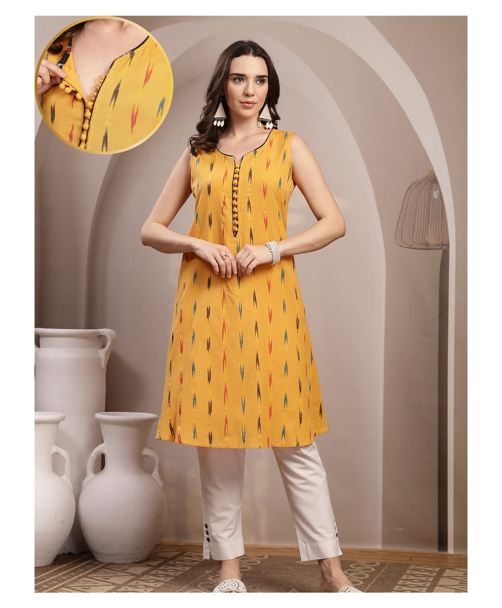Zelena 100% Cotton Knit Sleeveless Abstract Printed Maternity Kurti With Front Button Nursing Access - Mustard-picture-47