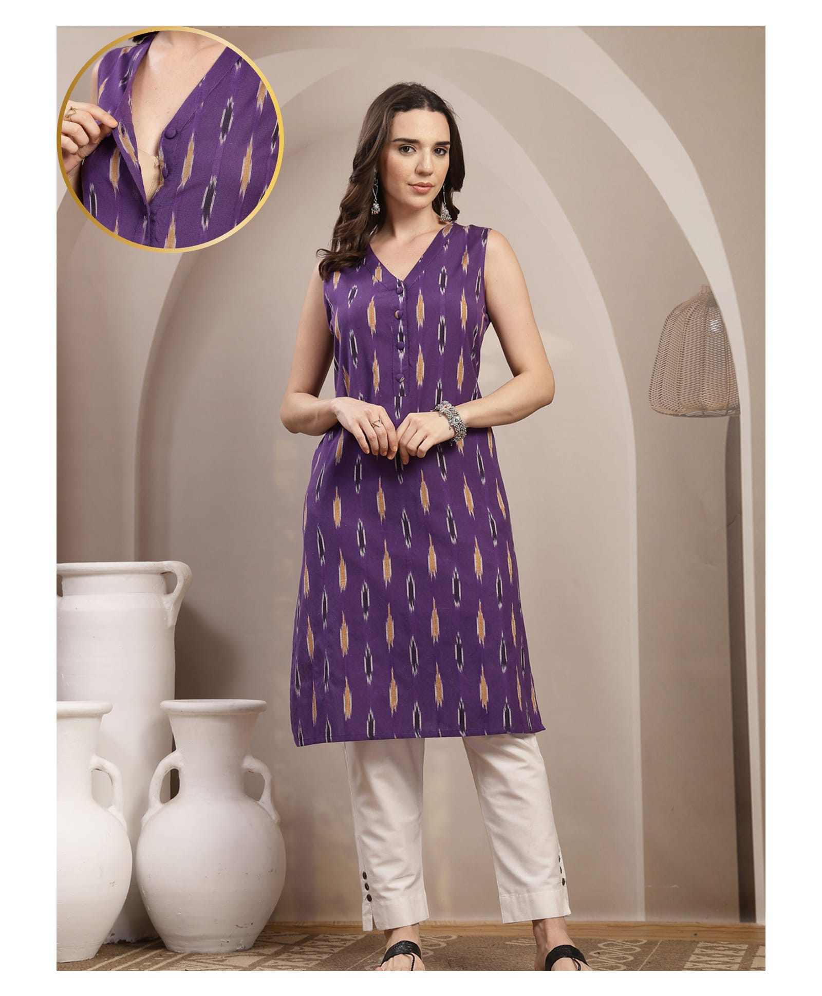 Zelena 100% Cotton Knit Sleeveless Ikat Printed Maternity Kurti With Front Button Nursing Access - Purple-picture-19