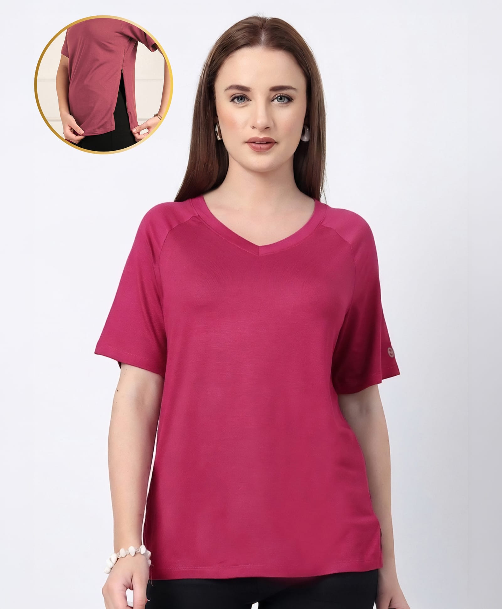 Zelena Rayon Knit Half Sleeves Solid Maternity Top With Side Zipper Nursing Access - Deep Rose-picture-15