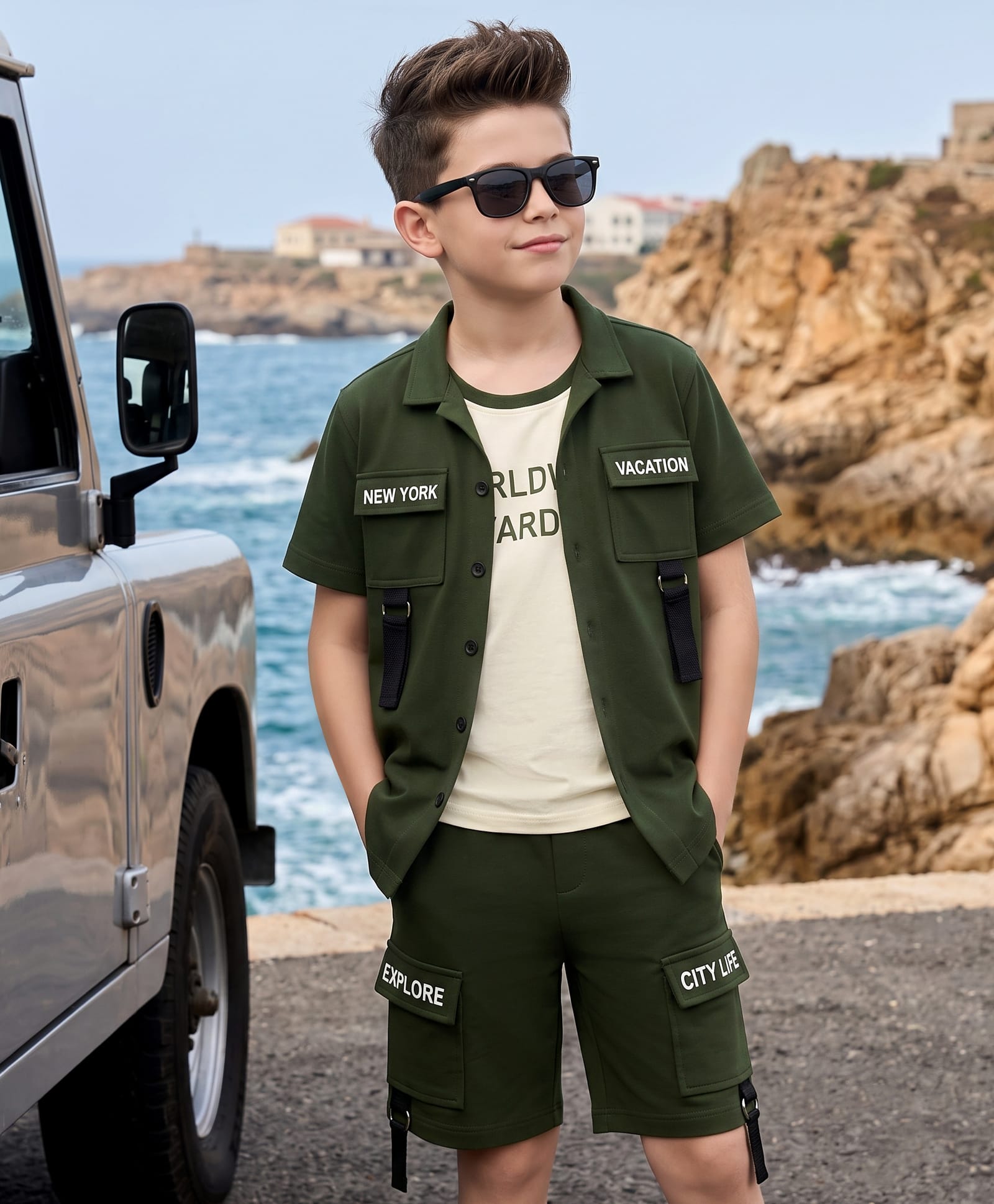 OLLINGTON ST. Set Of Cotton Knit Half Sleeve Text Printed Shirt With Inner Tee & Shorts Set - Dark Green & Cream-picture-24