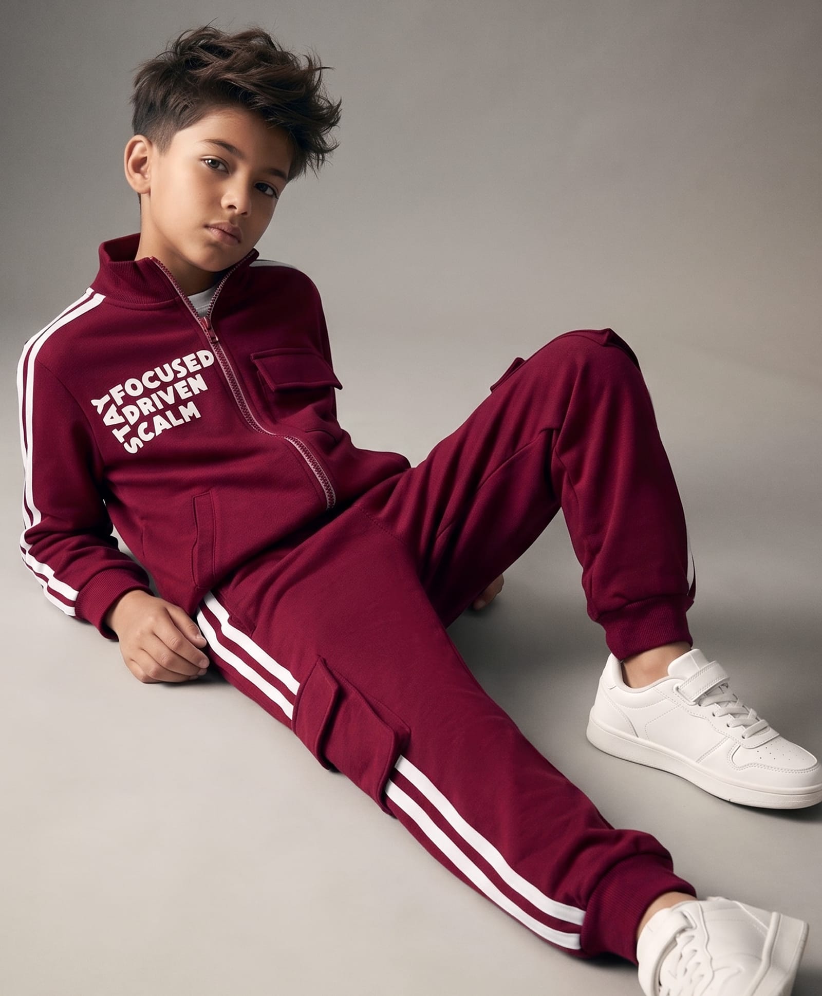 OLLINGTON ST. Cotton Looper Knit Full Sleeves Text Printed Front Open Zipper Winter Wear Suit - Maroon-picture-26
