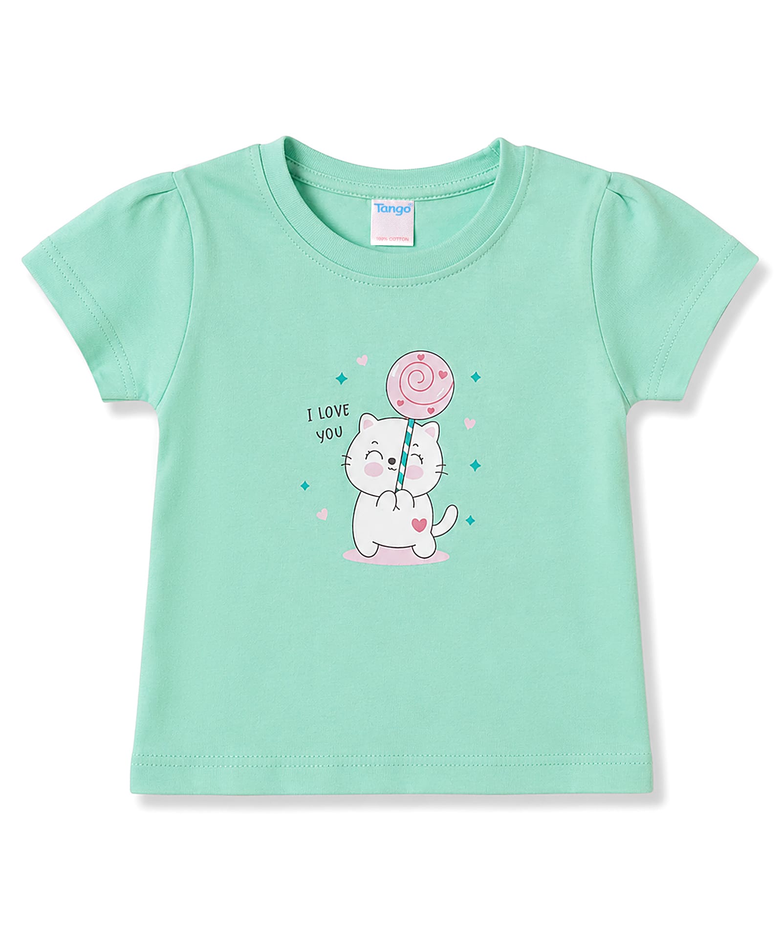 Tango Single Jersey Knit Half Sleeves Kitten Printed Top - Sea Green-image-48