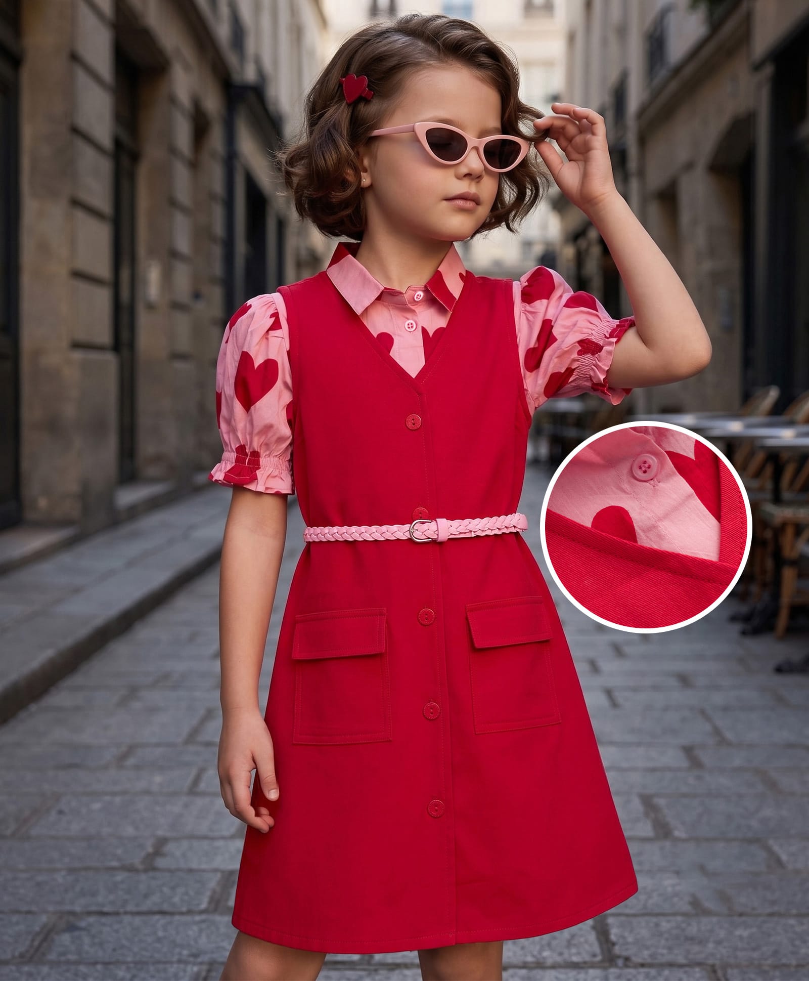 Hola Bonita Cotton Woven Dress with Heart Printed Half Sleeves Inner T-Shirt & Belt- Red-image-45