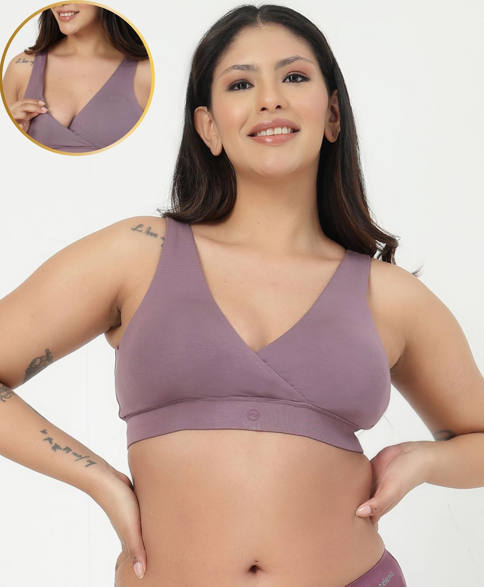 Zelena 92% Modal 8% Spandex Knit Solid Sleeveless Wire Free Maternity Maternity Bra With Front Open Nursing Access - Purple Grey-picture-6