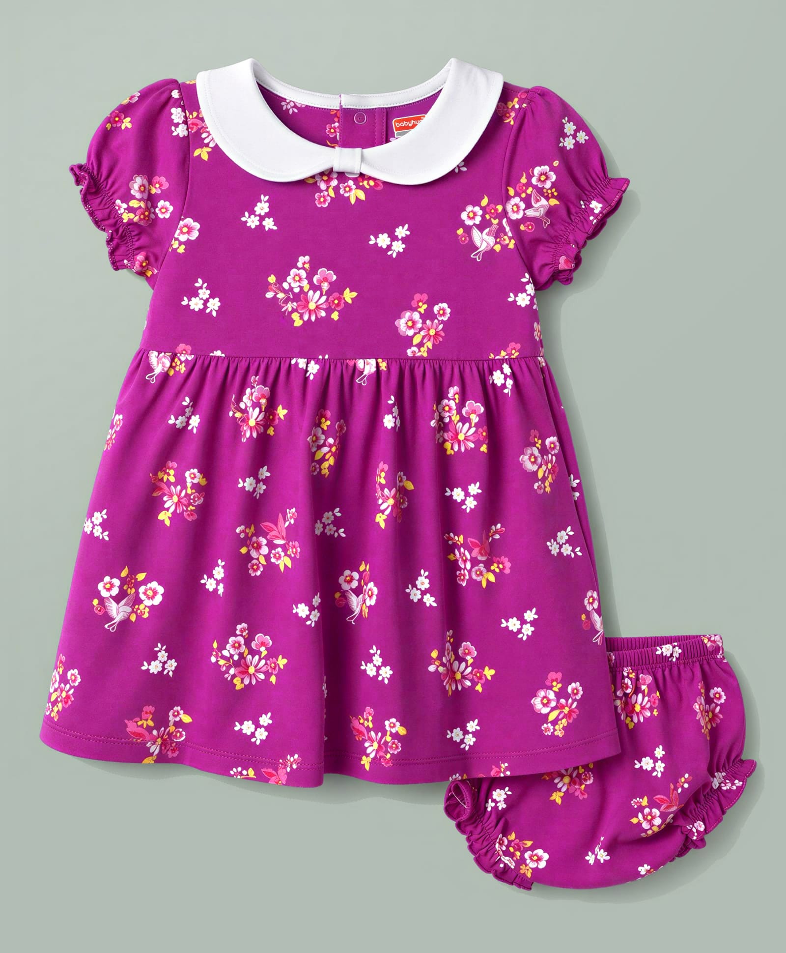 Babyhug Single Jersey Knit Half Sleeves Floral Printed Frock With Bloomer - Purple-picture-37