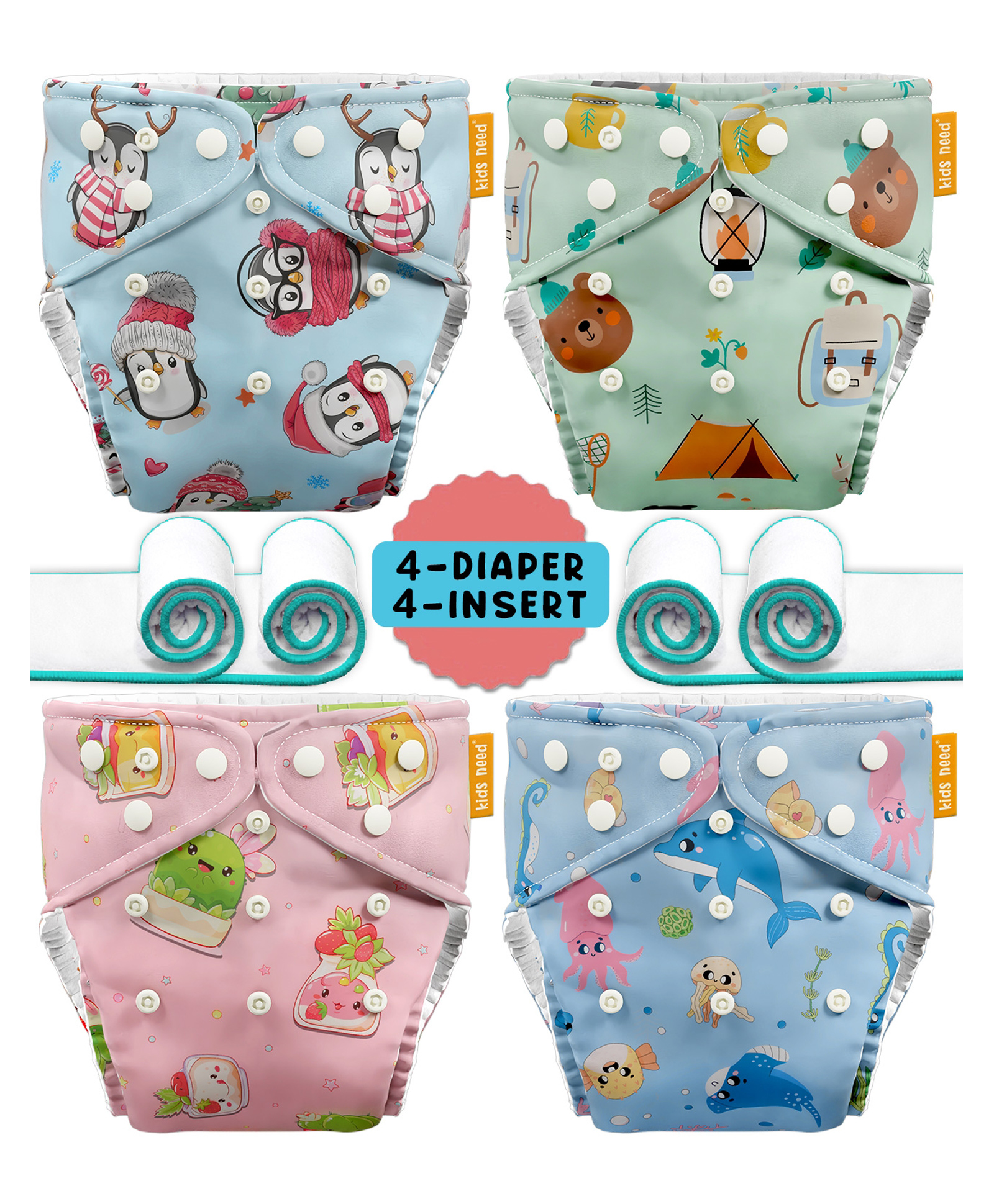 Kids need LeakProof 4 Reusable Cloth Diaper Pants & 4 Insert Pads | Adjustable Size 0-3 Year - W7,W8,C3,C4