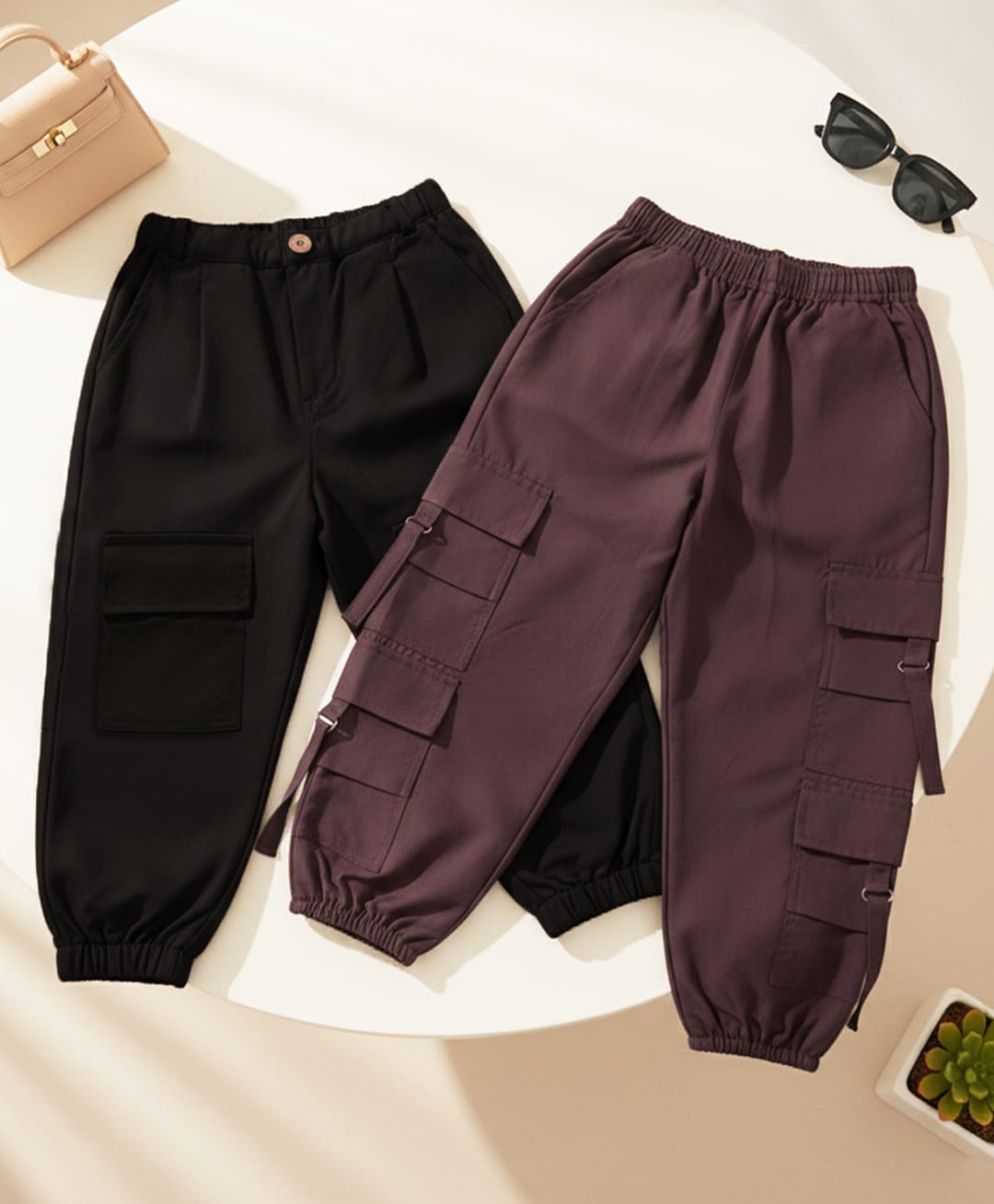 Cutiekins Cotton Woven Pack Of 2 Solid Cargo Pants - Black & Coffee Brown-picture-14