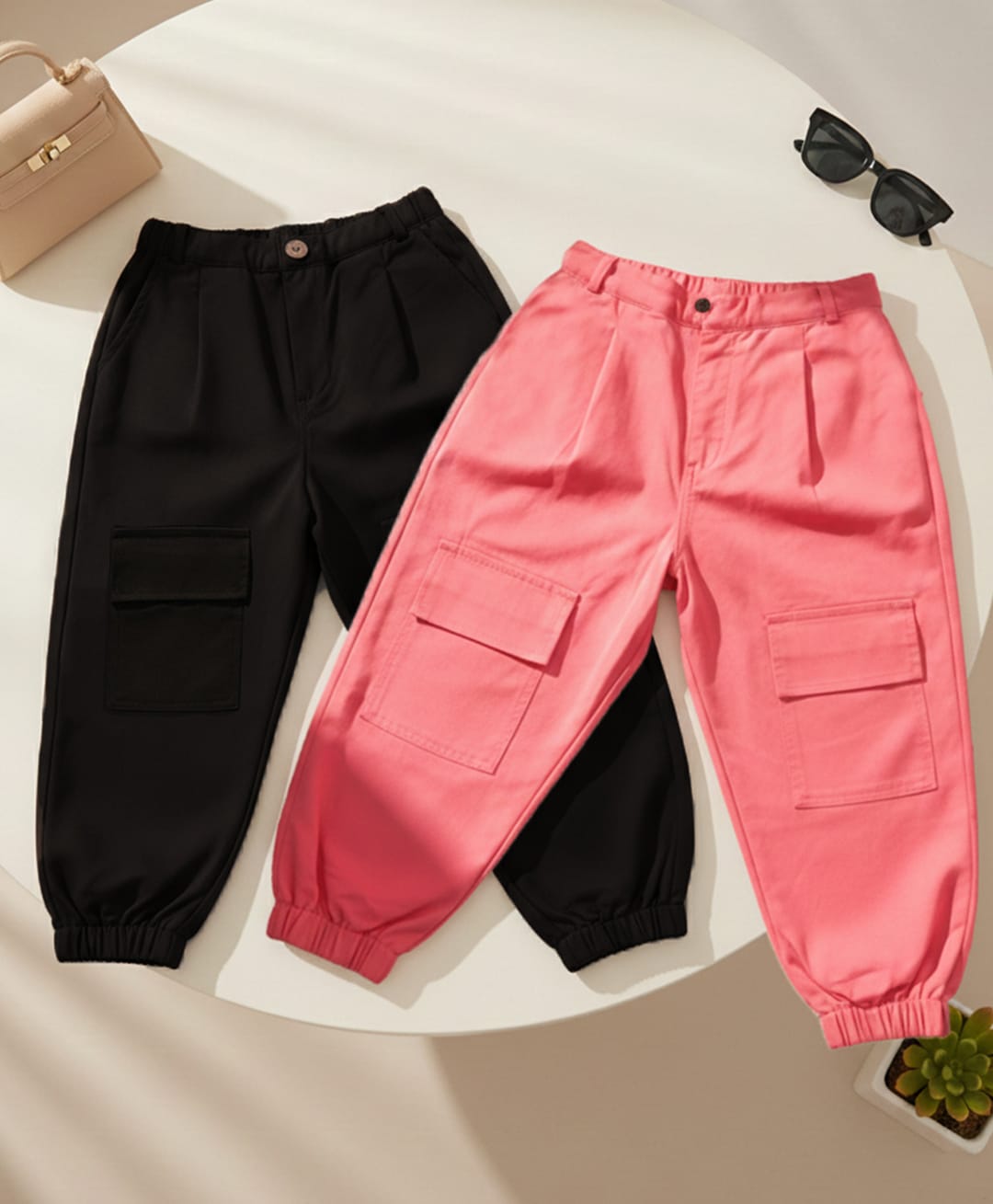 Cutiekins Cotton Woven Pack Of 2 Solid Cargo Pants - Coral & Black-picture-31