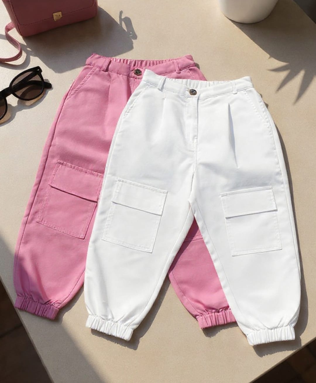 Cutiekins Cotton Woven Pack Of 2 Solid Cargo Pants - White & Pink-picture-29