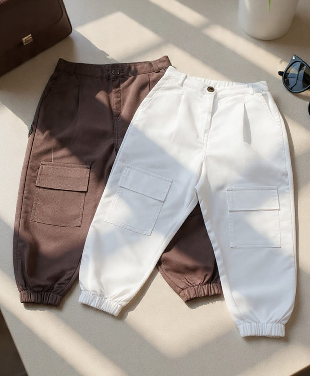 Cutiekins Cotton Woven Pack Of 2 Solid Cargo Pants - Brown & White-picture-32