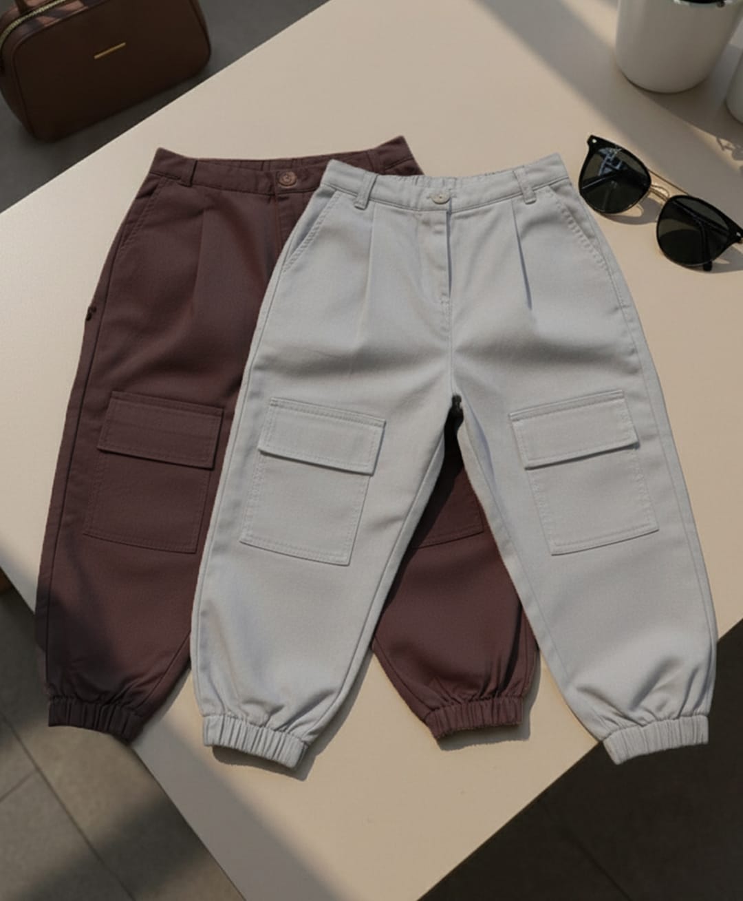Cutiekins Cotton Woven Pack Of 2 Solid Cargo Pants - Light Grey & Brown-picture-33