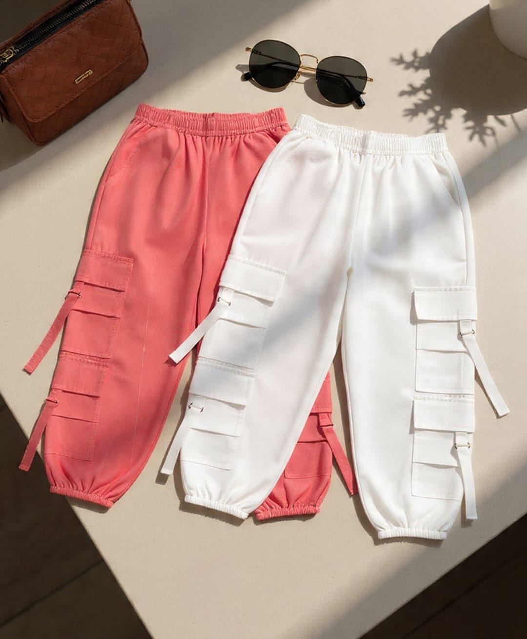 Cutiekins Cotton Woven Pack Of 2 Solid Cargo Pants - Coral & White-picture-36