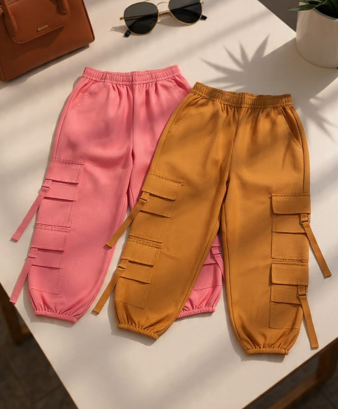 Cutiekins Cotton Woven Pack Of 2 Solid Cargo Pants - Mustard & Coral-picture-34