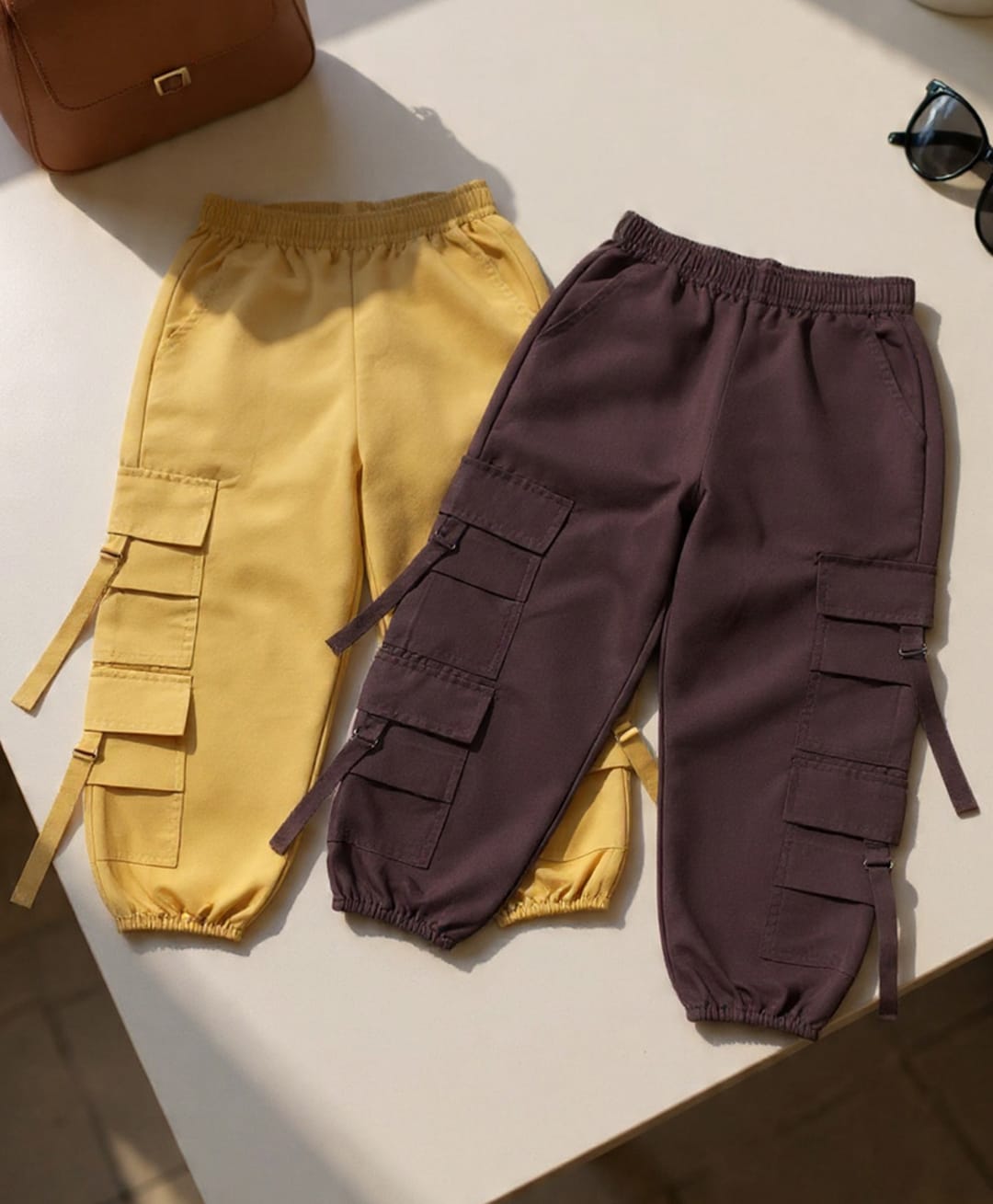 Cutiekins Cotton Woven Pack Of 2 Solid Cargo Pants - Coffee Brown & Golden-image-12
