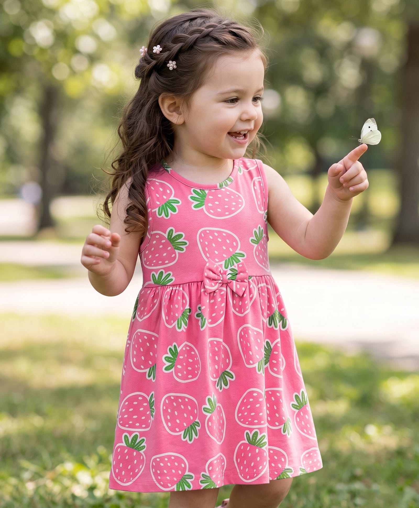 Babyhug Single Jersey Sleeveless Frock With Strawberry Print - Pink-image-16