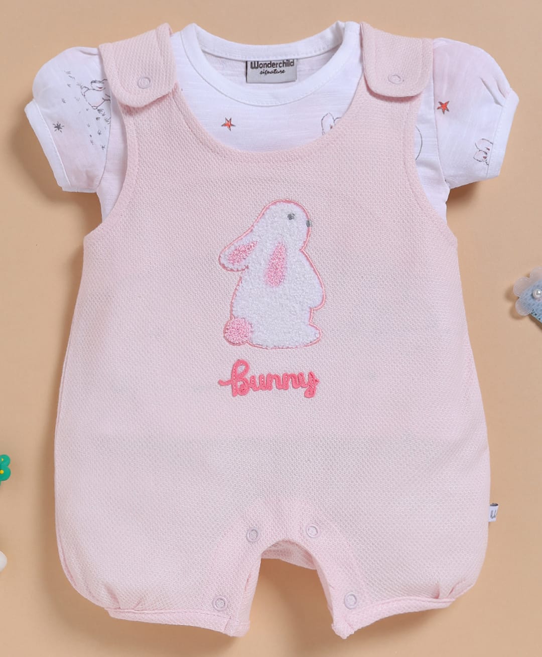 Wonderchild Bunny Embroidered Dungaree With Half Puffed Sleeves Printed Tee - White & Light Pink-picture-14