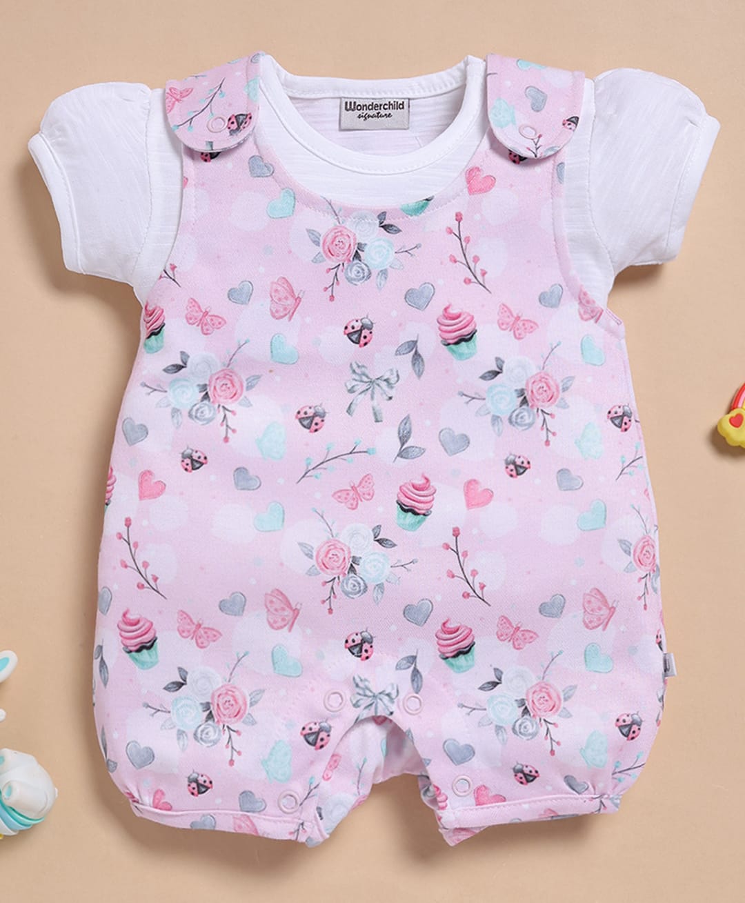 Wonderchild Ladybird & Roses Printed Dungaree With Half Puffed Sleeves Tee - White & Pink-picture-15