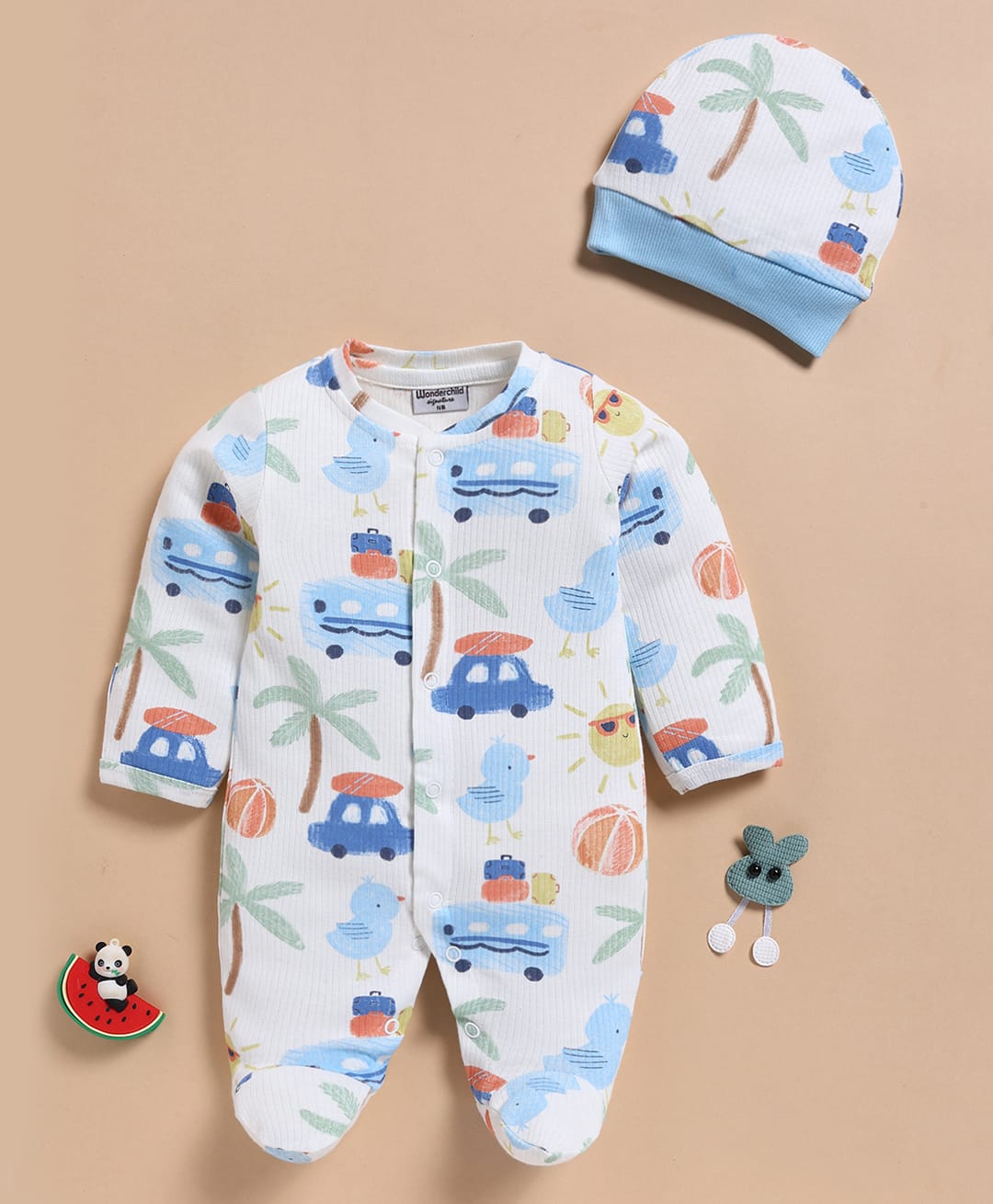 Wonderchild Full Sleeves Cars Printed Coordinating Footed Sleepsuit With Cap - Blue-image-8