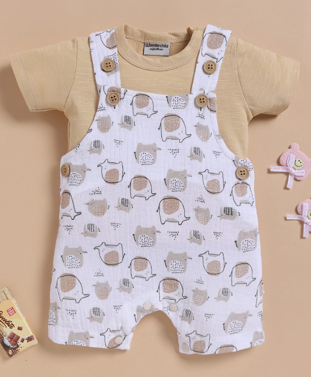 Wonderchild Elephants Printed Dungaree With Half Sleeves Solid Tee - Beige & White-image-7