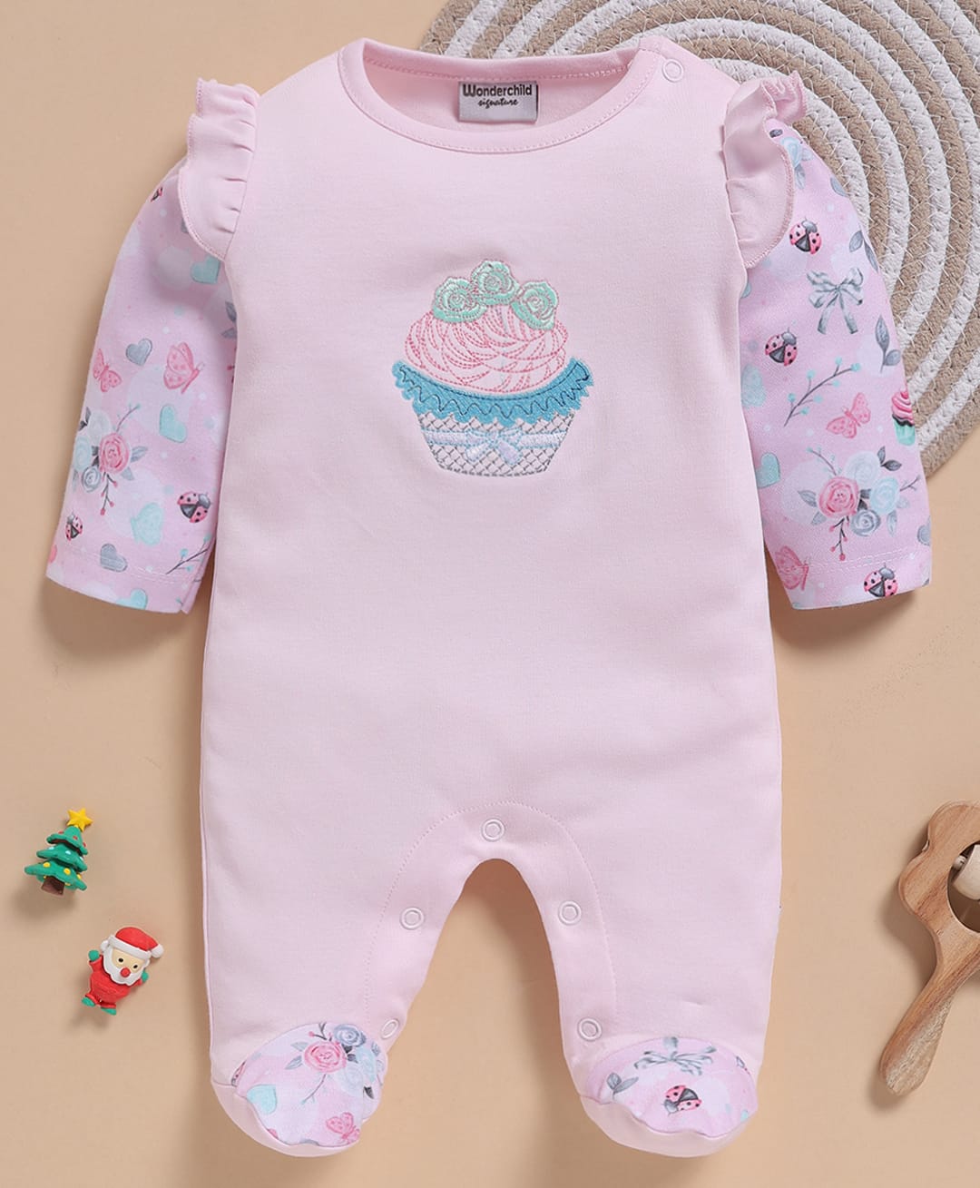 Wonderchild Full Sleeves Frill Detailed & Cupcake Embroidered Footed Sleepsuit - Pink-picture-20