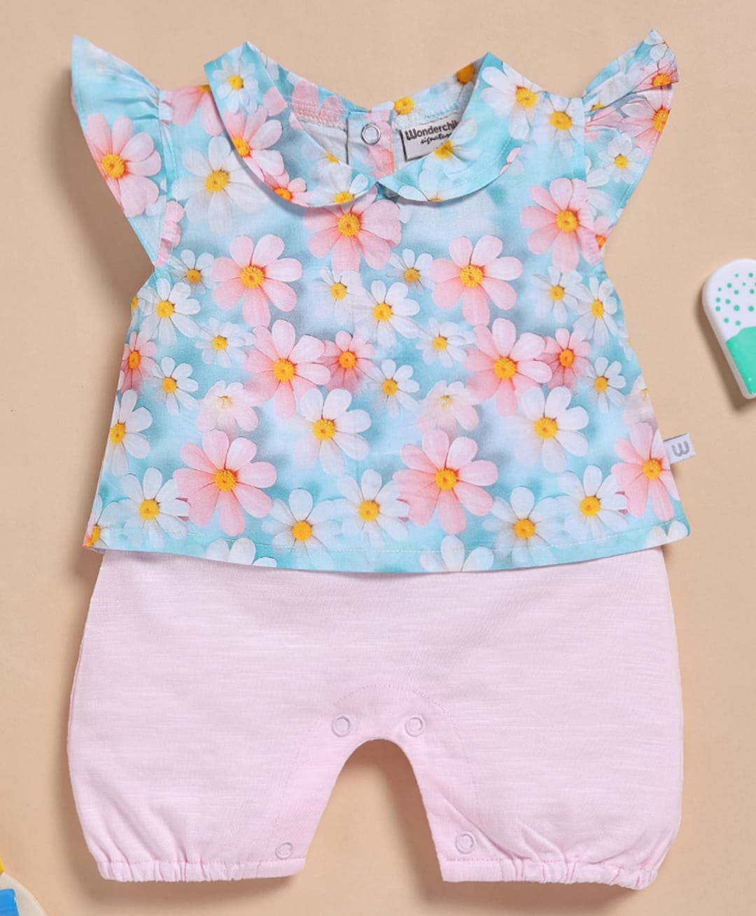 Wonderchild Solid Romper With Cap Sleeves Floral Printed Top - Pink-image-4