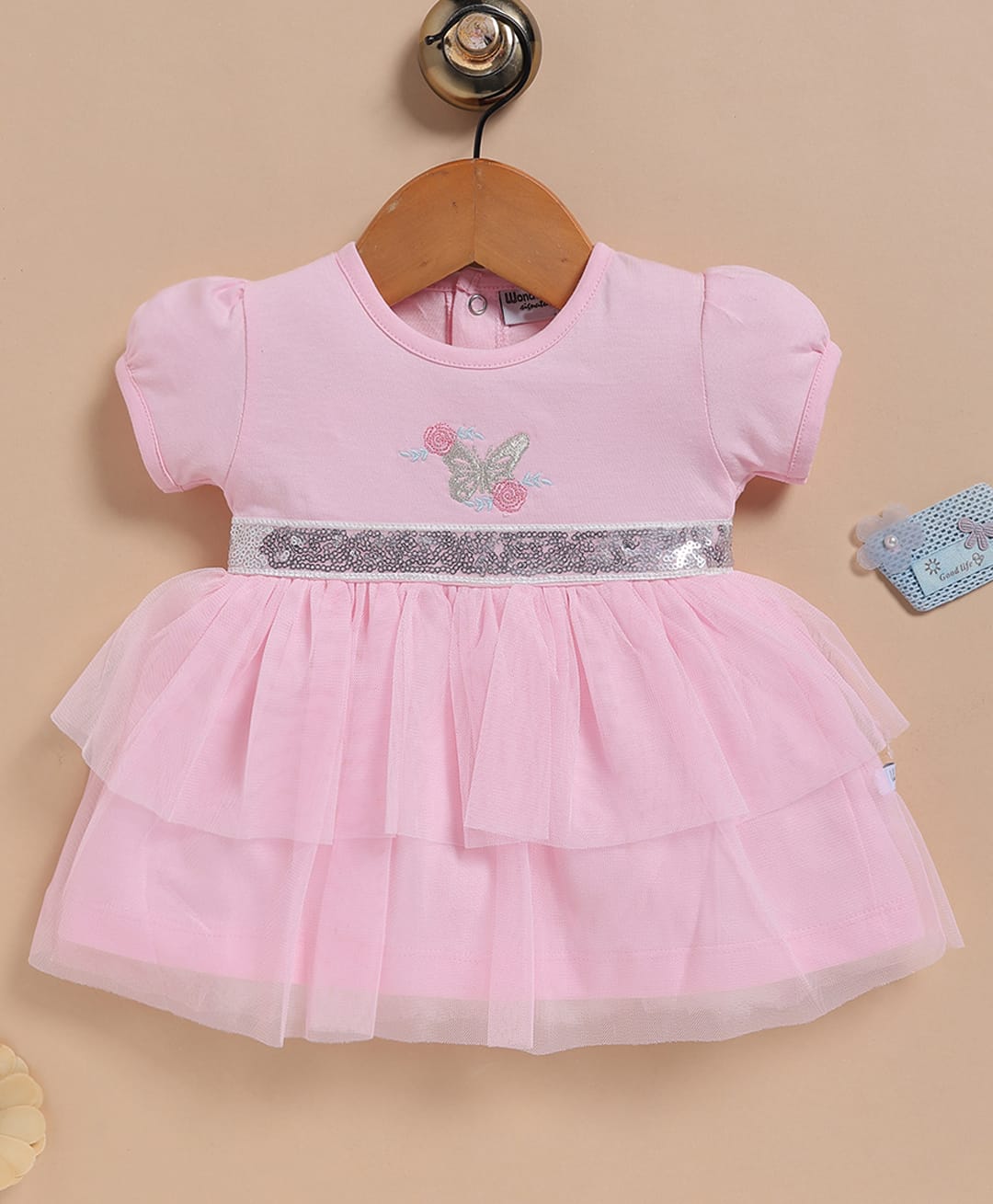 Wonderchild Half Puffed Sleeves Sequins Embellished & Butterfly Embroidered Dress - Light Pink-image-3