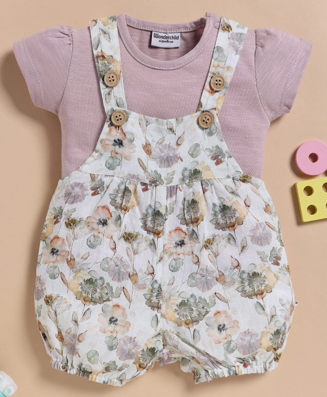 Wonderchild Floral Printed Dungaree With Half Puffed Sleeves Solid Tee - Smoky Grey & Lemon-image-2