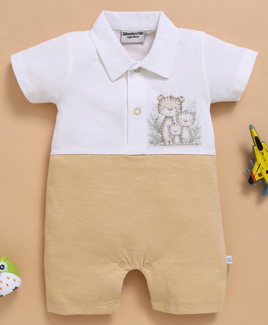Wonderchild Half Sleeves Colour Blocked & Tiger Family Printed Romper - White & Beige-image-28
