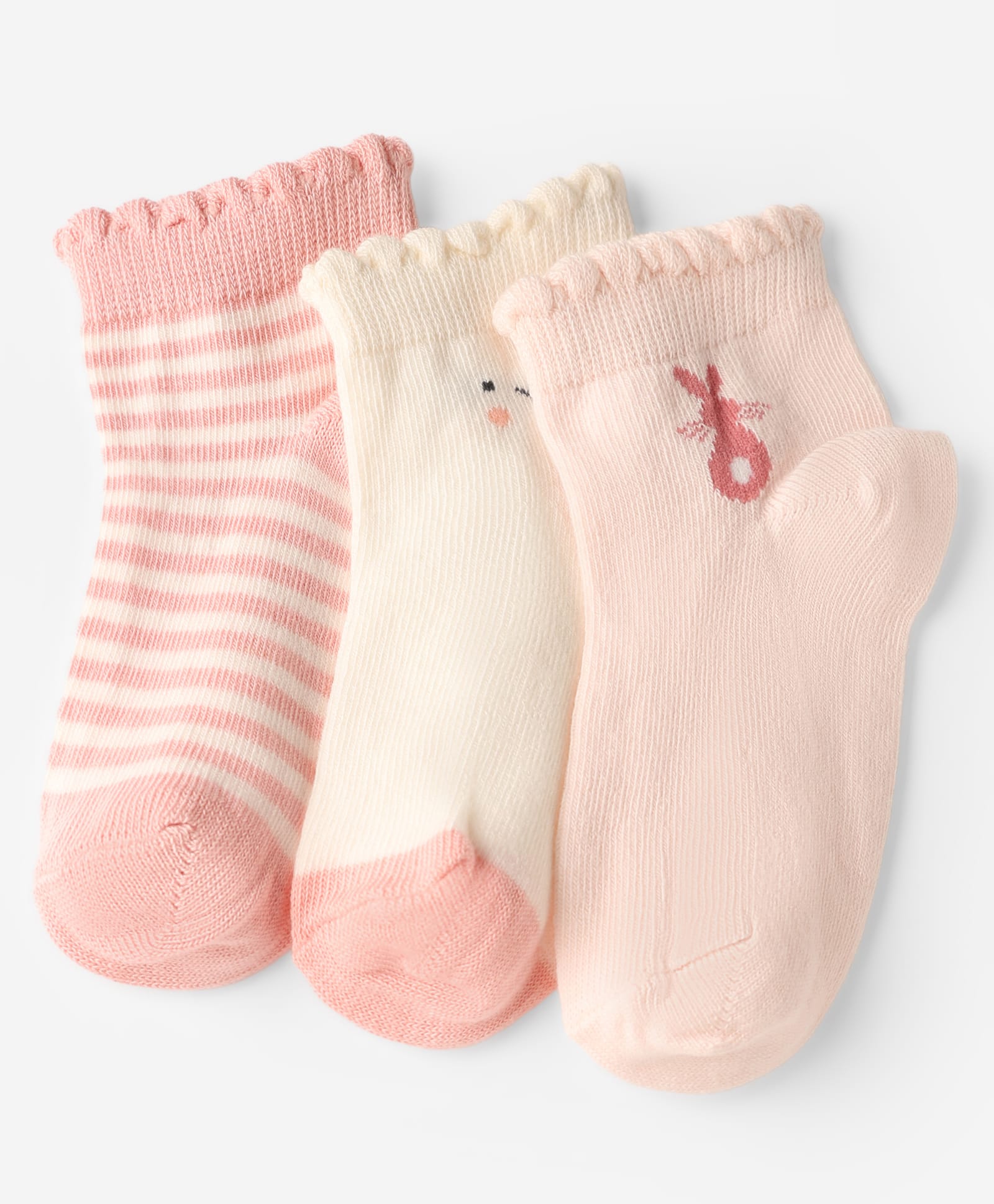 Mustang Cotton Knit Ankle Length Socks with Bunny Design Pack of 3 - Baby Pink White Pink-image-31