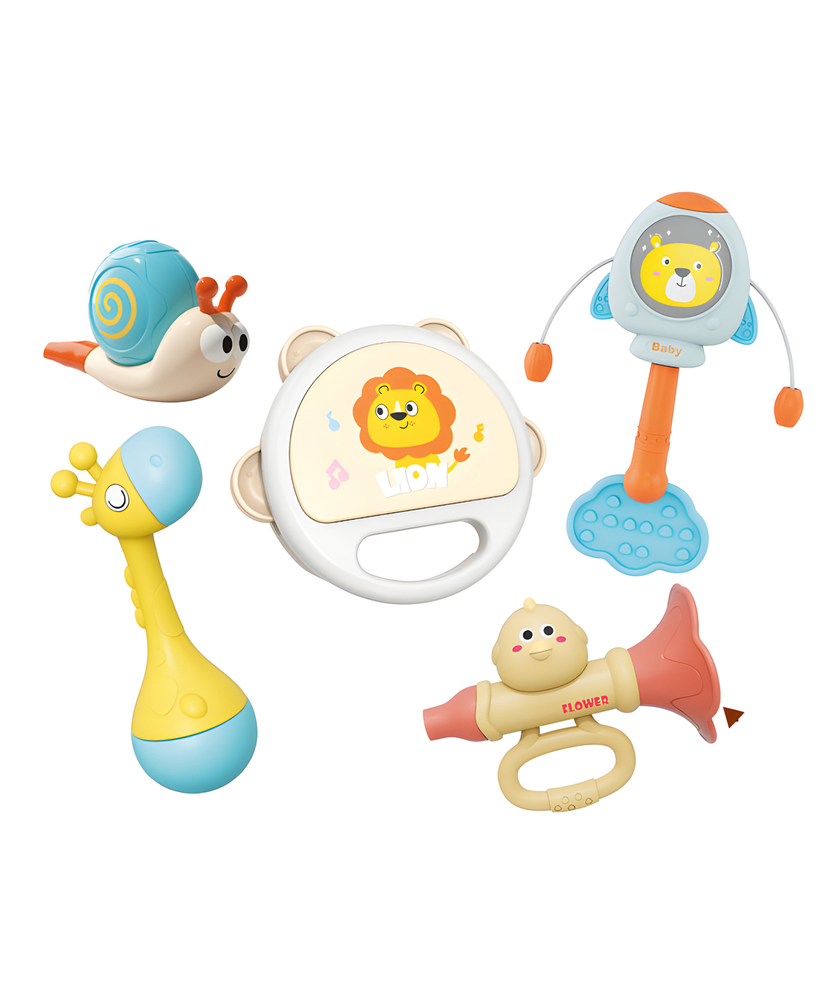 NEGOCIO 5-Piece Musical Instrument Toy Set for Early Childhood Education, Sensory Learning Games, Cute Cartoon Musical Rattle, Trumpet, and Tambourine- 5PC SET-image-5